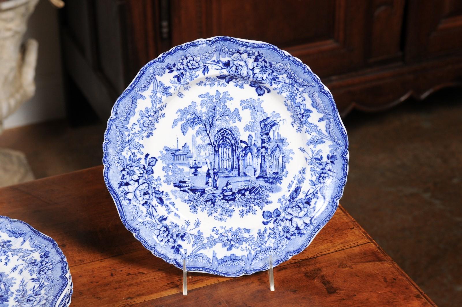 English Blue and White Transfer Plates with Gothic Ruins Motifs, 19th Century In Good Condition For Sale In Atlanta, GA