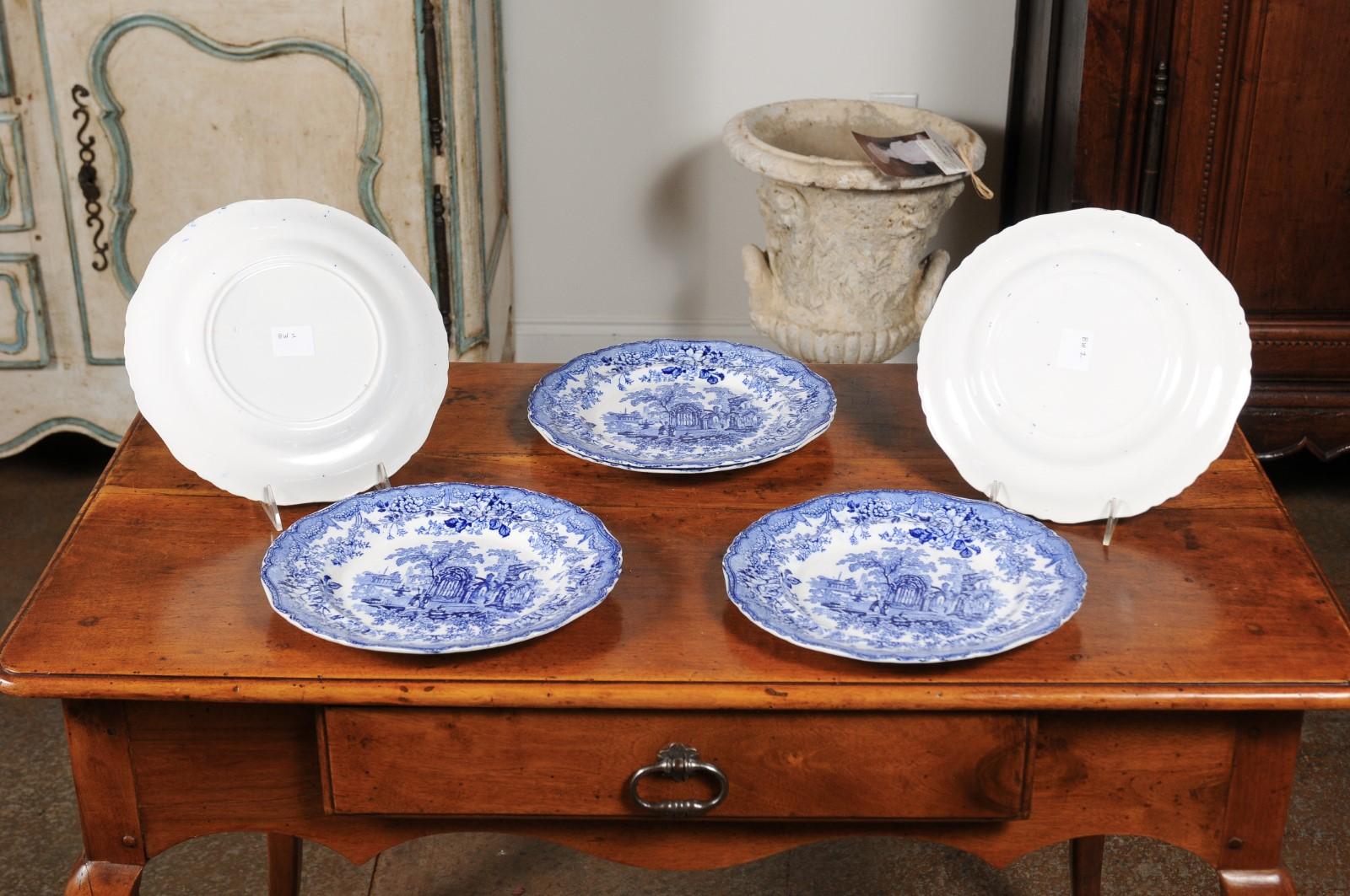 Ceramic English Blue and White Transfer Plates with Gothic Ruins Motifs, 19th Century For Sale