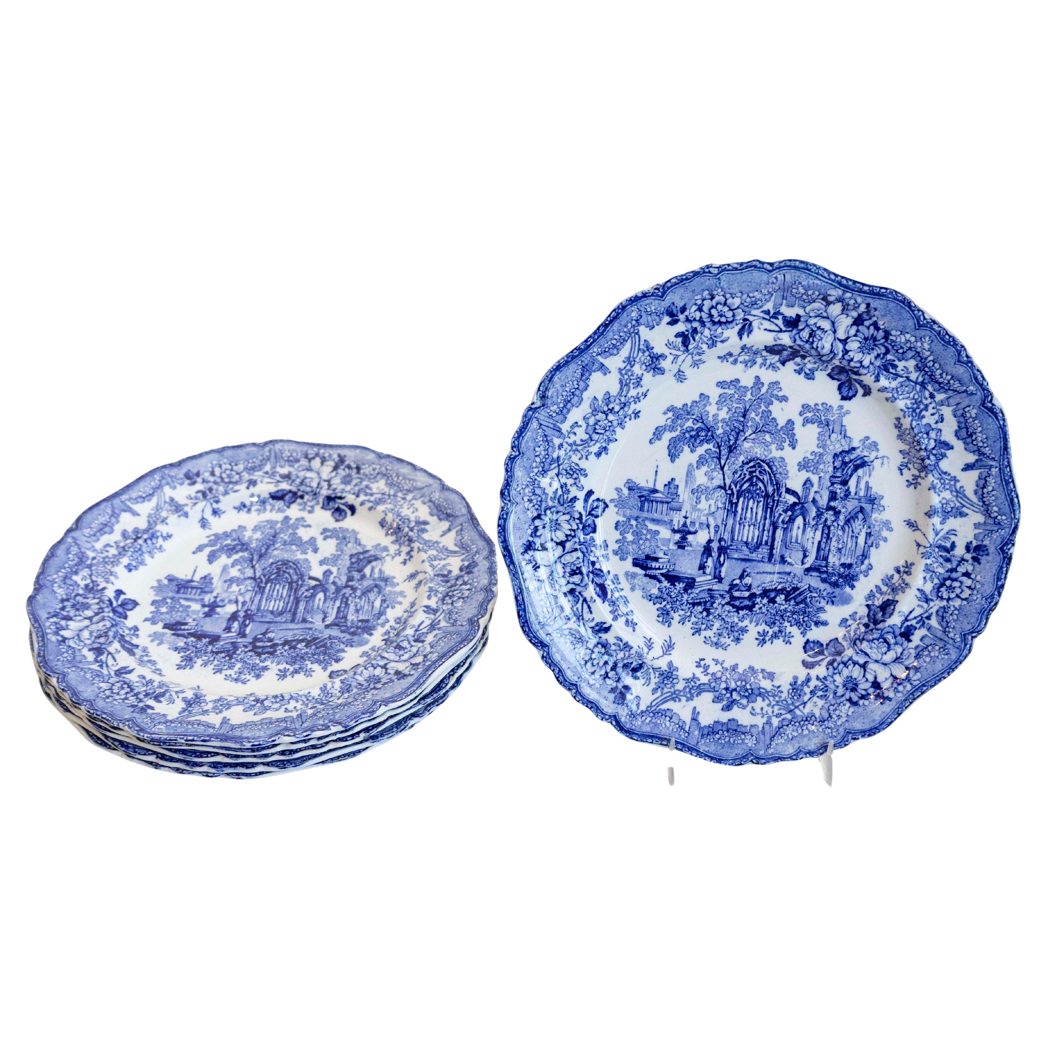 English Blue and White Transfer Plates with Gothic Ruins Motifs, 19th Century