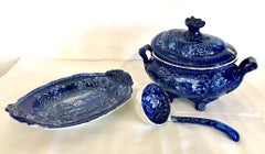 English Blue and White Transferware Covered Tureen set with Ladle and Stand