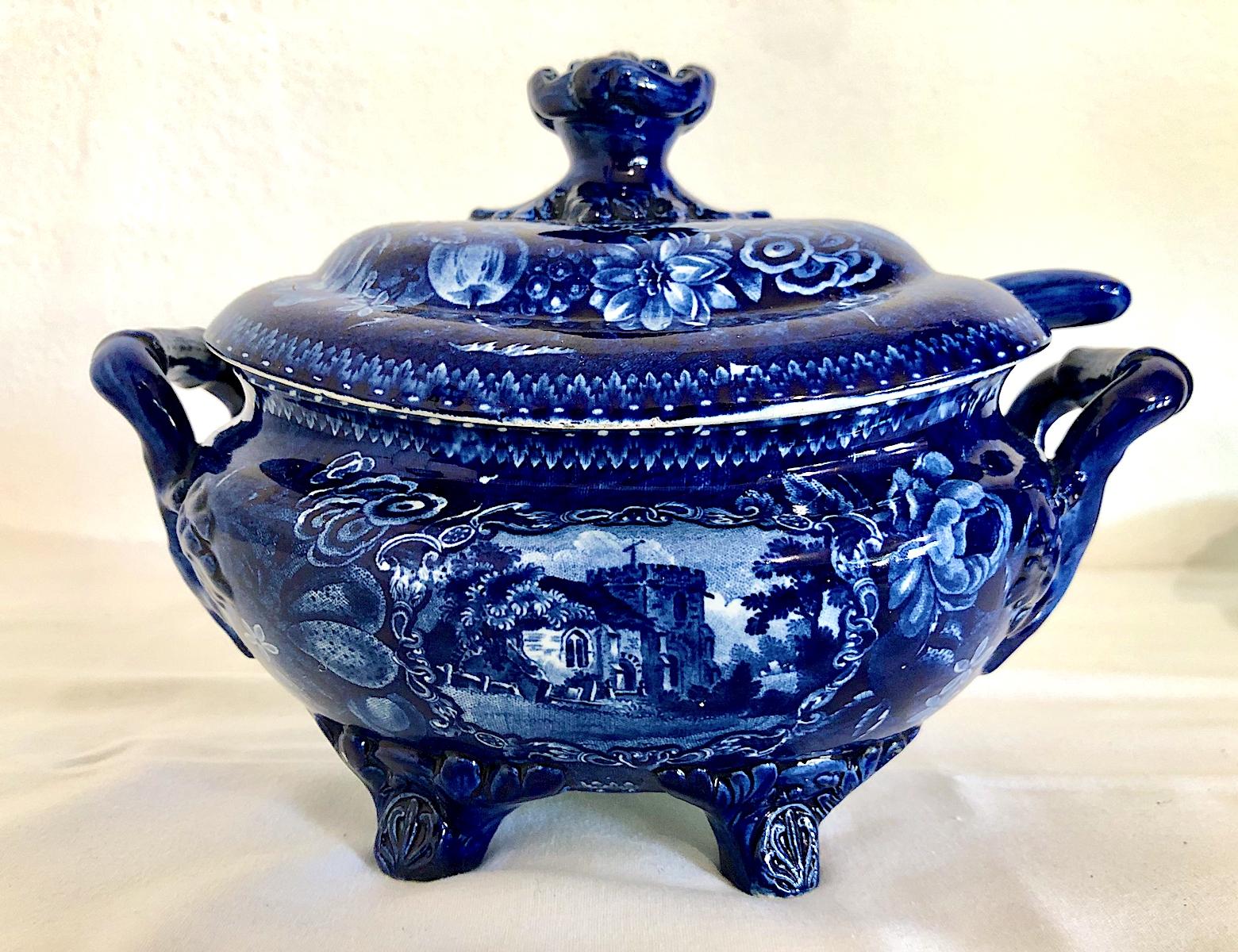 Late Victorian English Blue and White Transferware Covered Tureen set with Ladle and Stand For Sale
