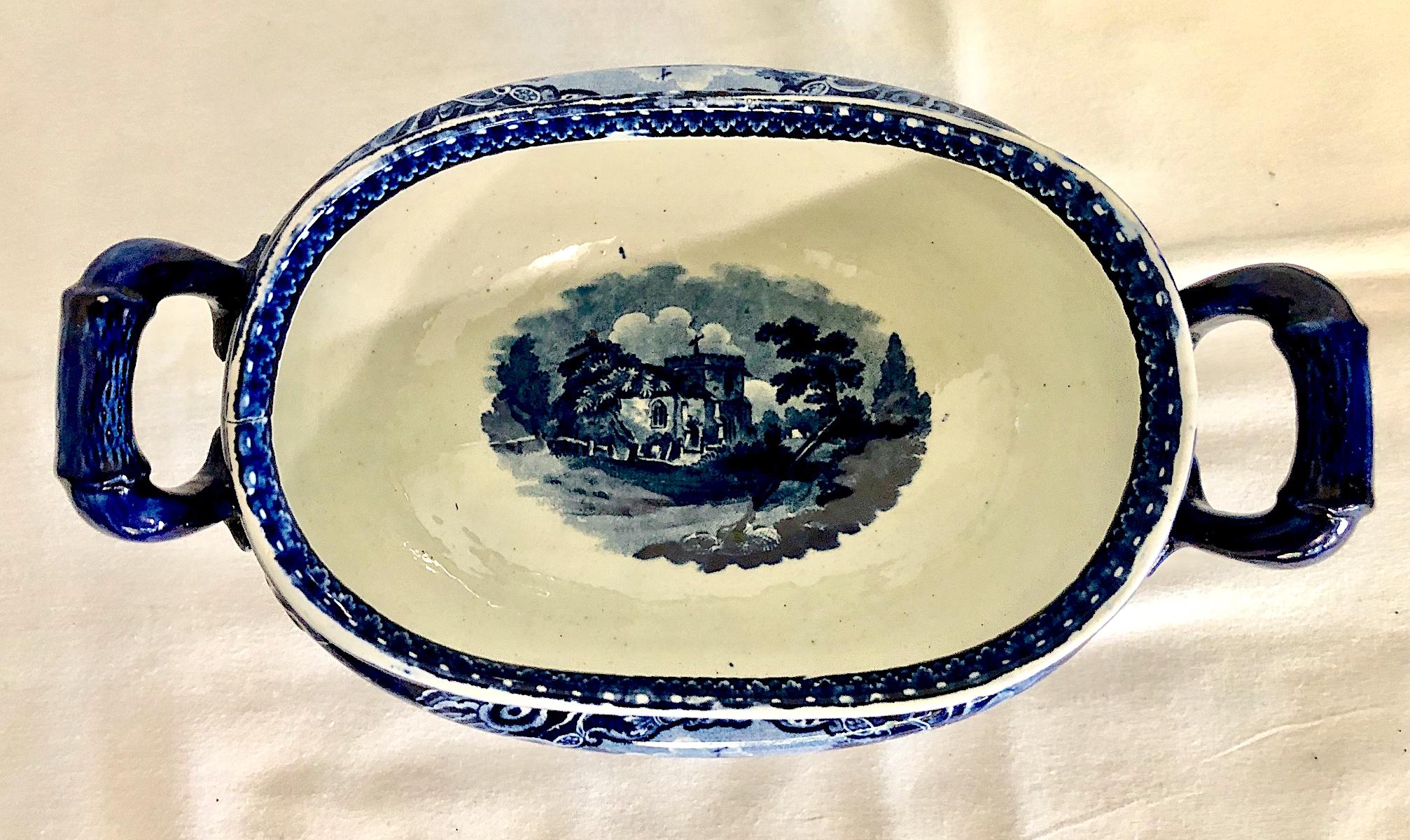 Glazed English Blue and White Transferware Covered Tureen set with Ladle and Stand For Sale