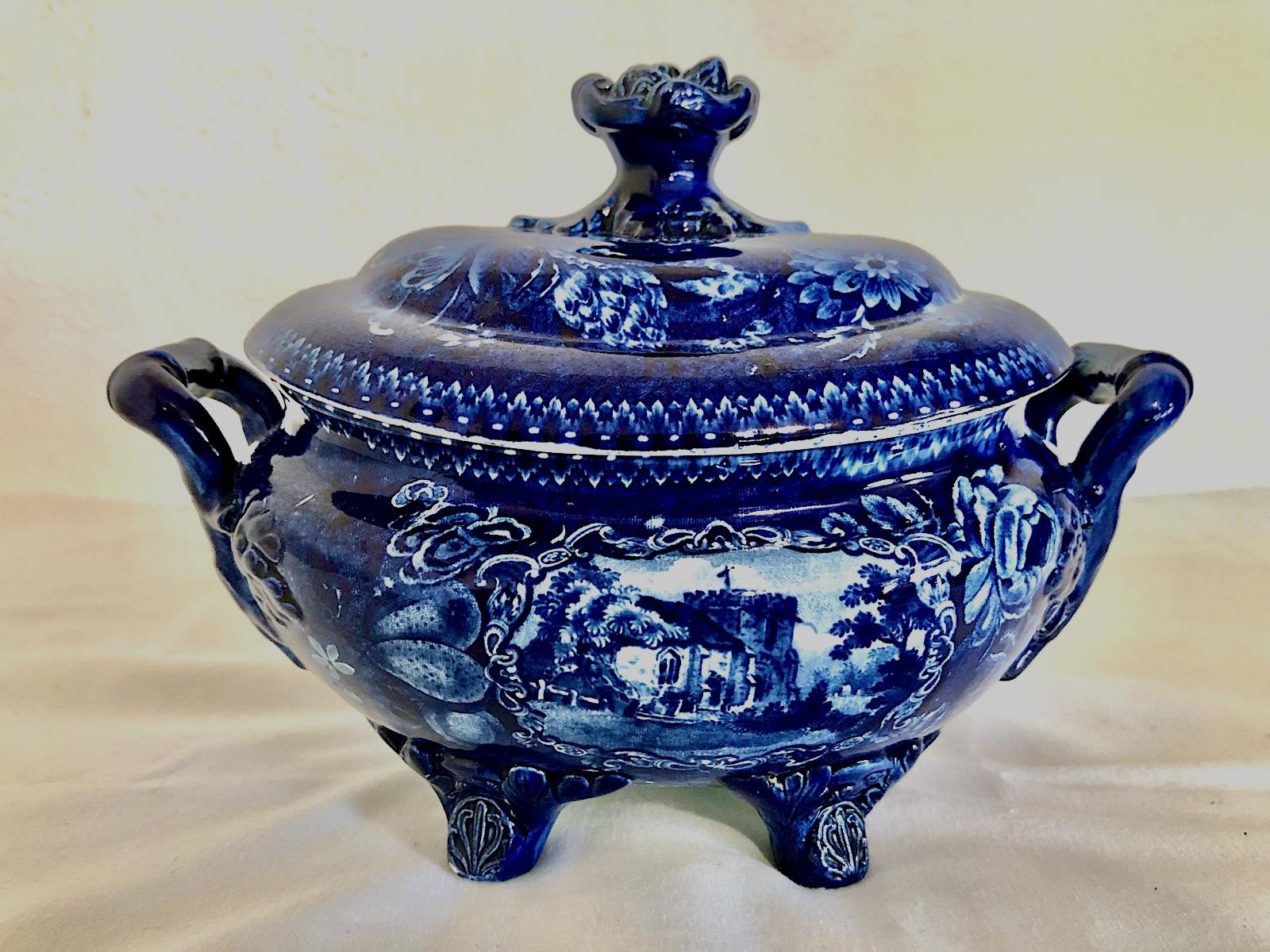 Earthenware English Blue and White Transferware Covered Tureen set with Ladle and Stand For Sale