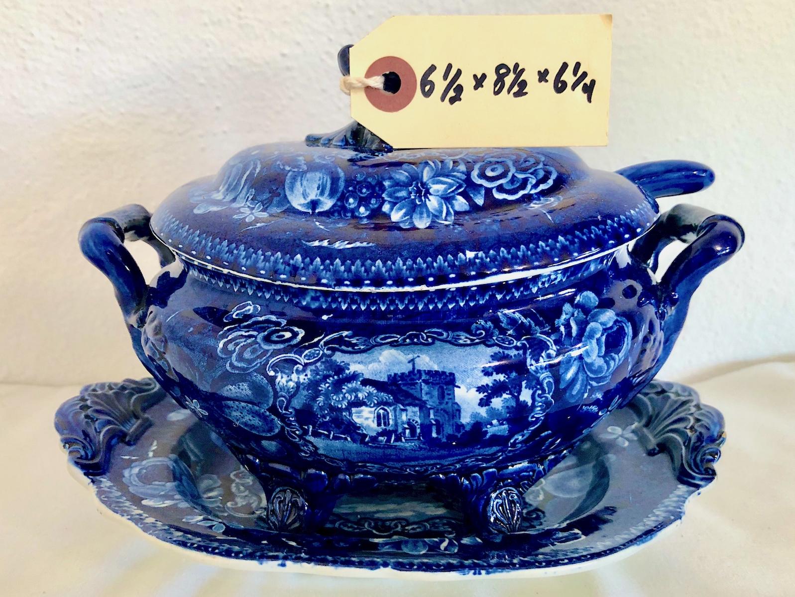 English Blue and White Transferware Covered Tureen set with Ladle and Stand For Sale 1