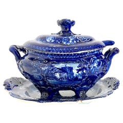 English Blue and White Transferware Covered Tureen set with Ladle and Stand