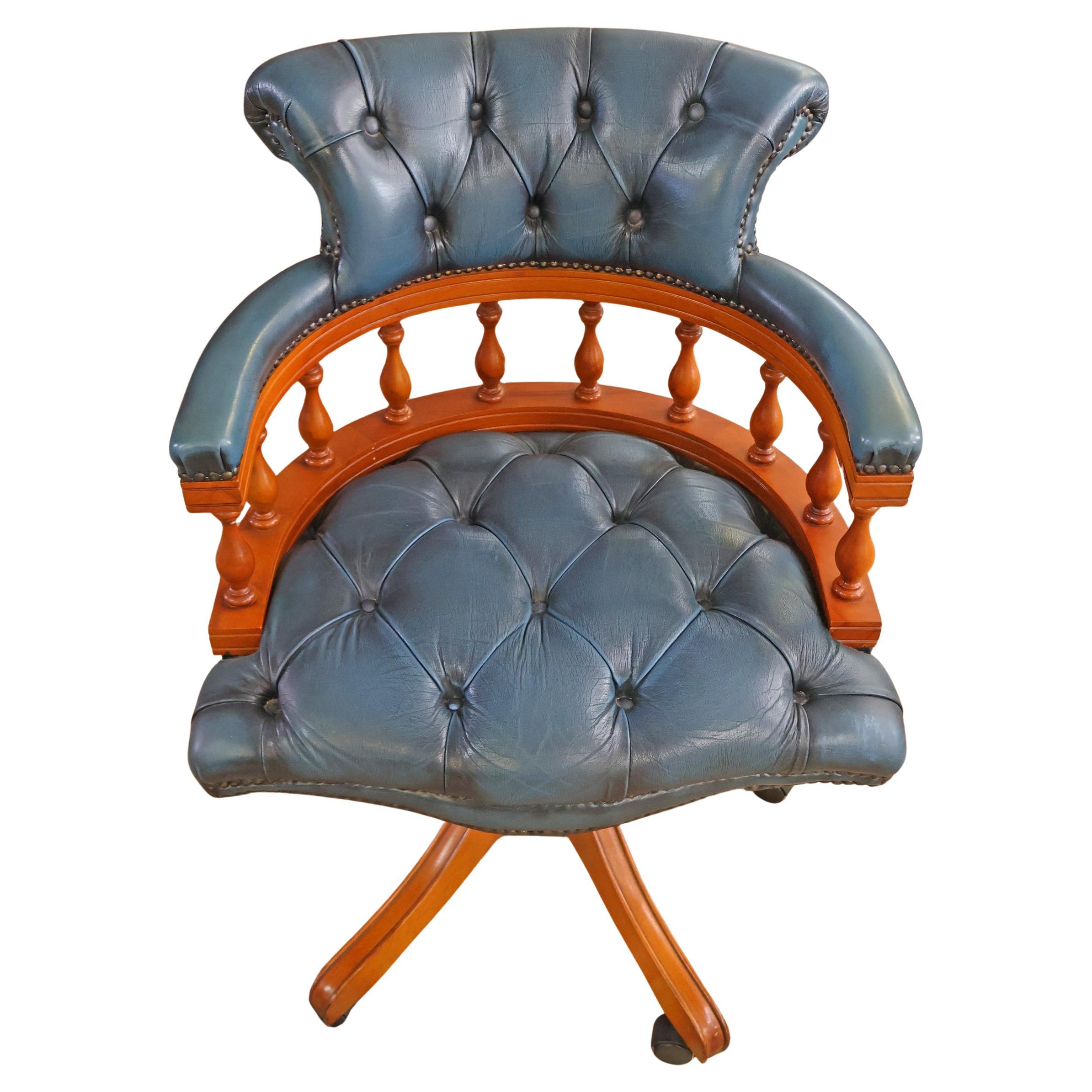 Silla de Capitán de Piel Acolchada Estilo Chesterfield Azul Inglés Silla de Oficina en venta