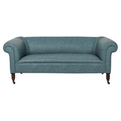 Antique English Blue Gray Textured Vinyl Upholstered Sofa (manner of Howard & Sons )