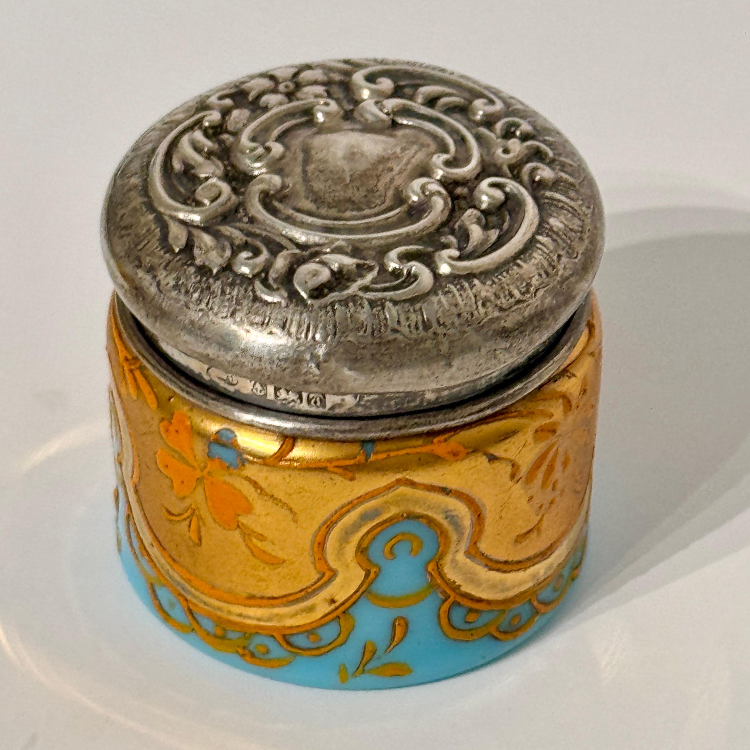 English Blue Opaline and Silver Jewelry Vanity Pill Box, Hand Painted For Sale 3