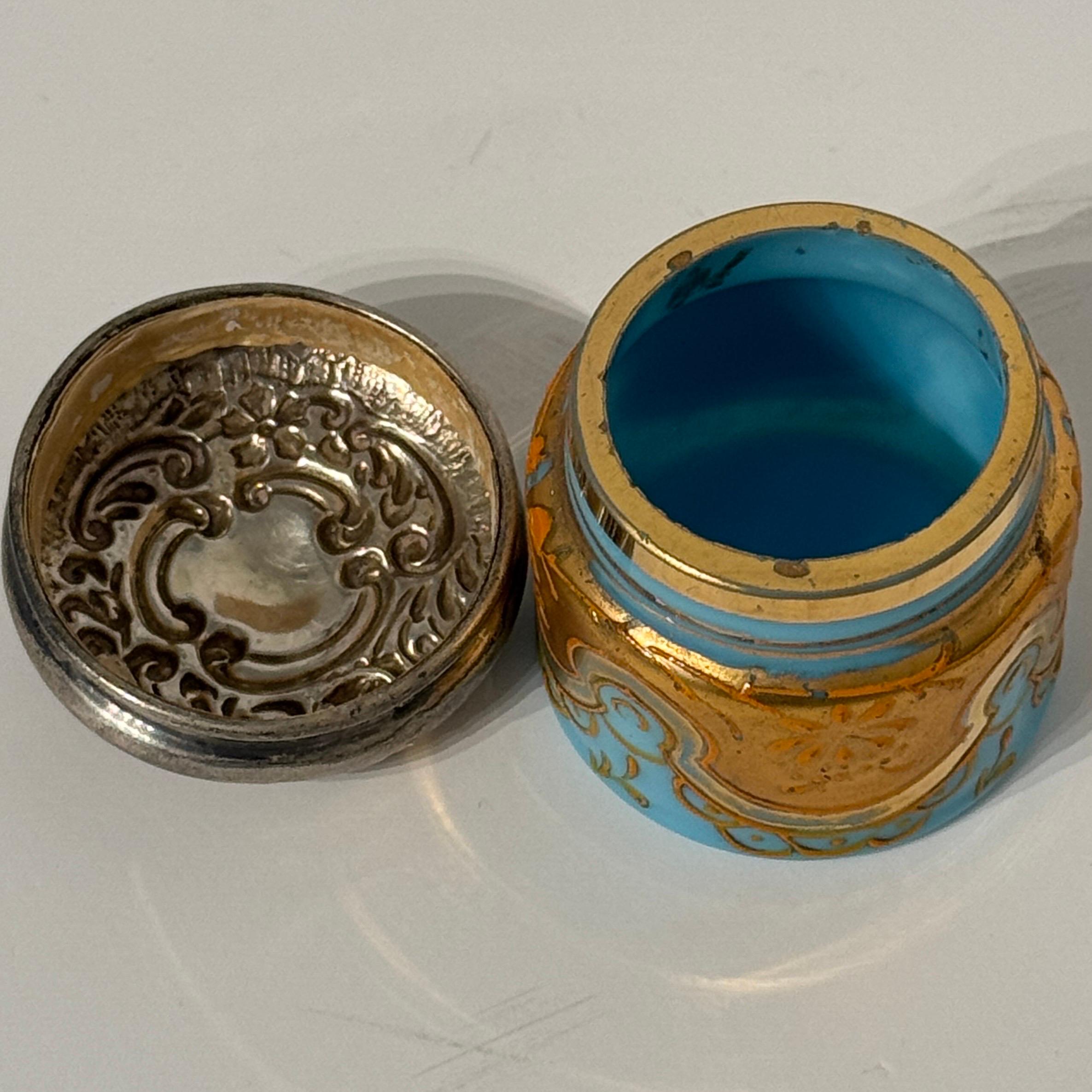Late Victorian English Blue Opaline and Silver Jewelry Vanity Pill Box, Hand Painted For Sale