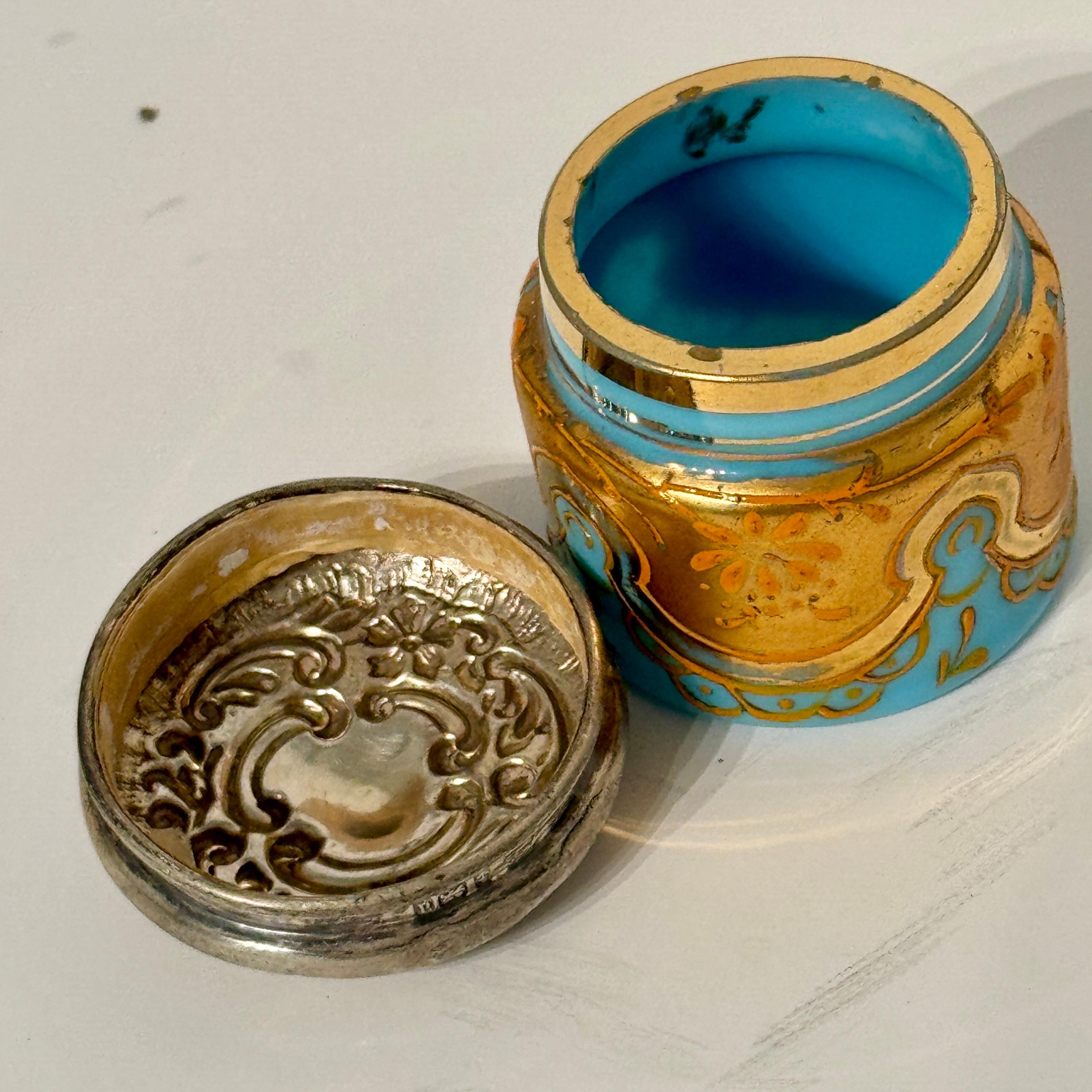 19th Century English Blue Opaline and Silver Jewelry Vanity Pill Box, Hand Painted For Sale