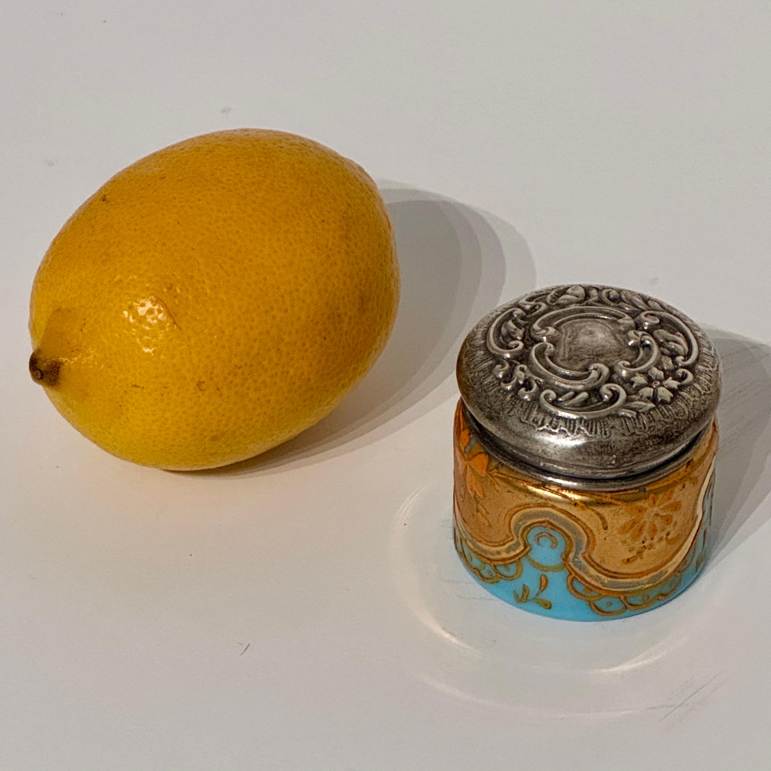 Gold English Blue Opaline and Silver Jewelry Vanity Pill Box, Hand Painted For Sale