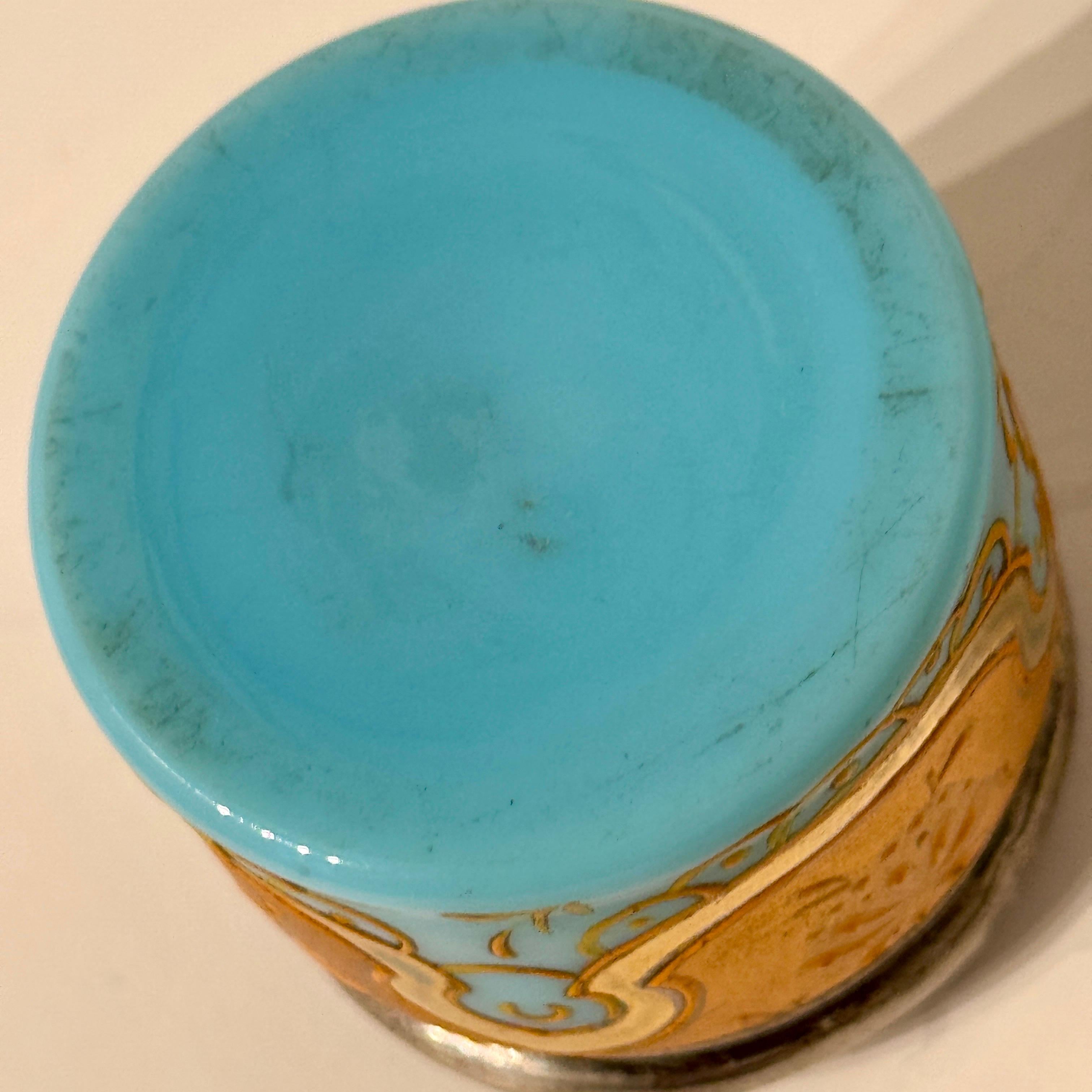 English Blue Opaline and Silver Jewelry Vanity Pill Box, Hand Painted For Sale 1