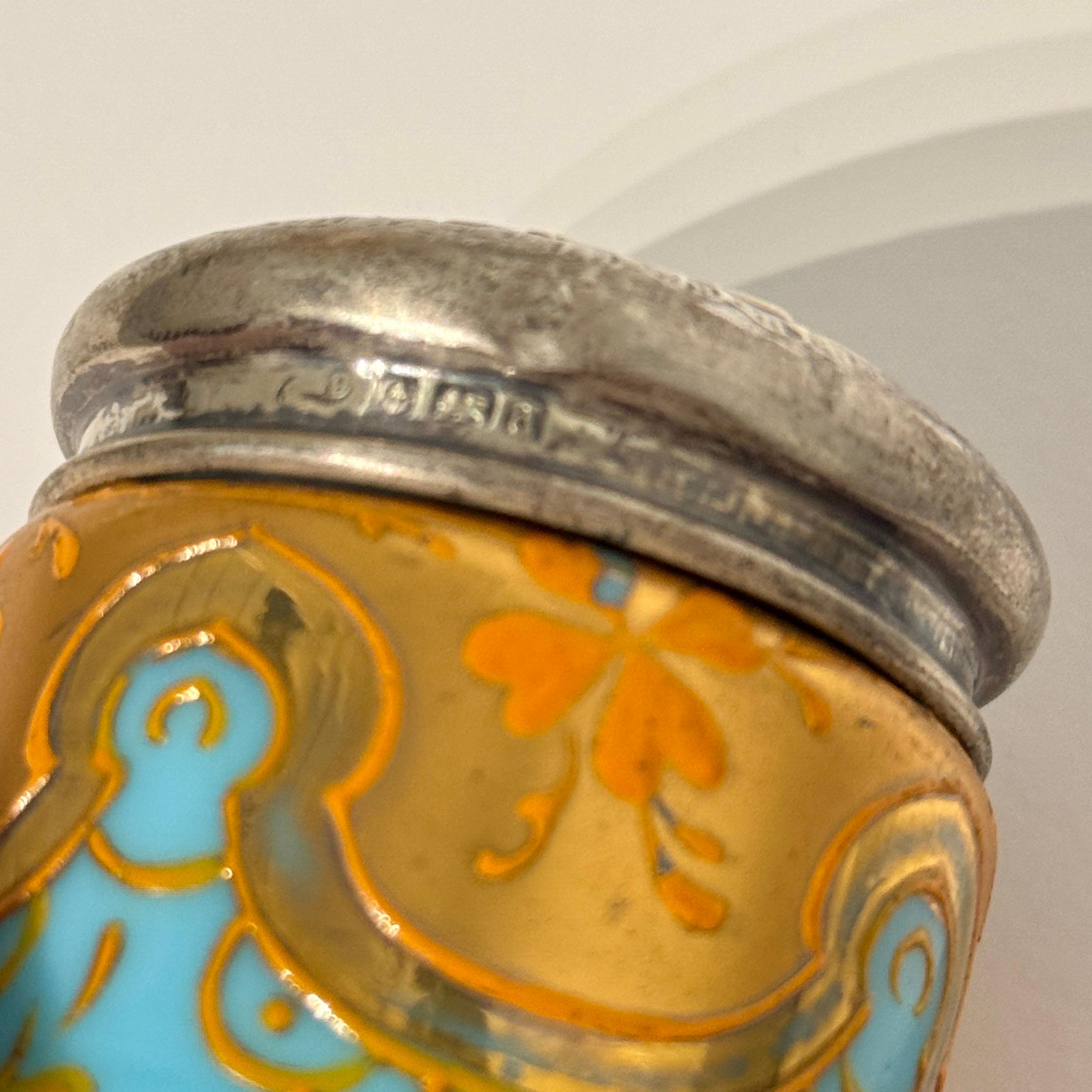 English Blue Opaline and Silver Jewelry Vanity Pill Box, Hand Painted For Sale 2