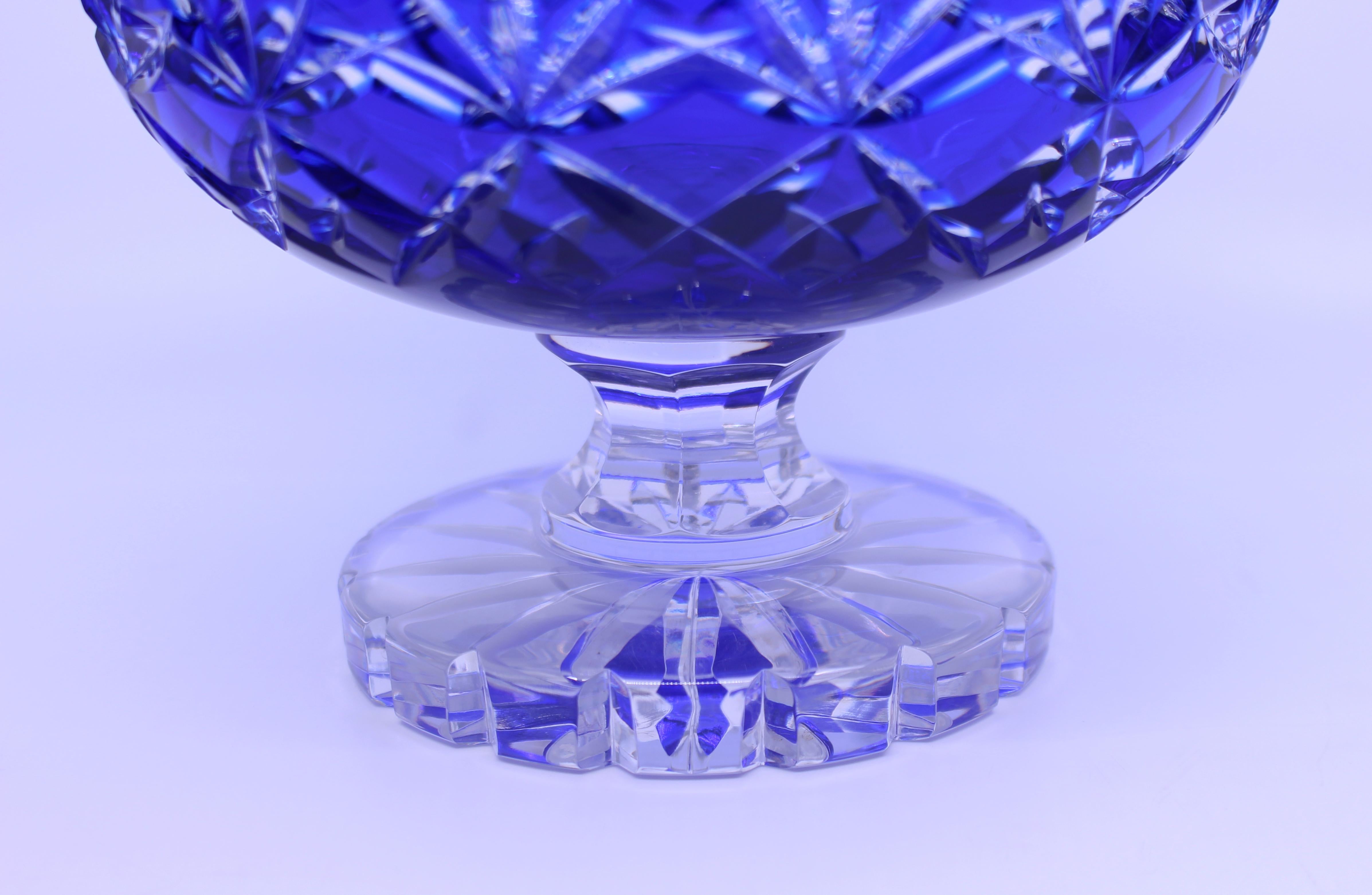 20th Century English Blue Overlay Crystal Footed Bowl, circa 1950 For Sale