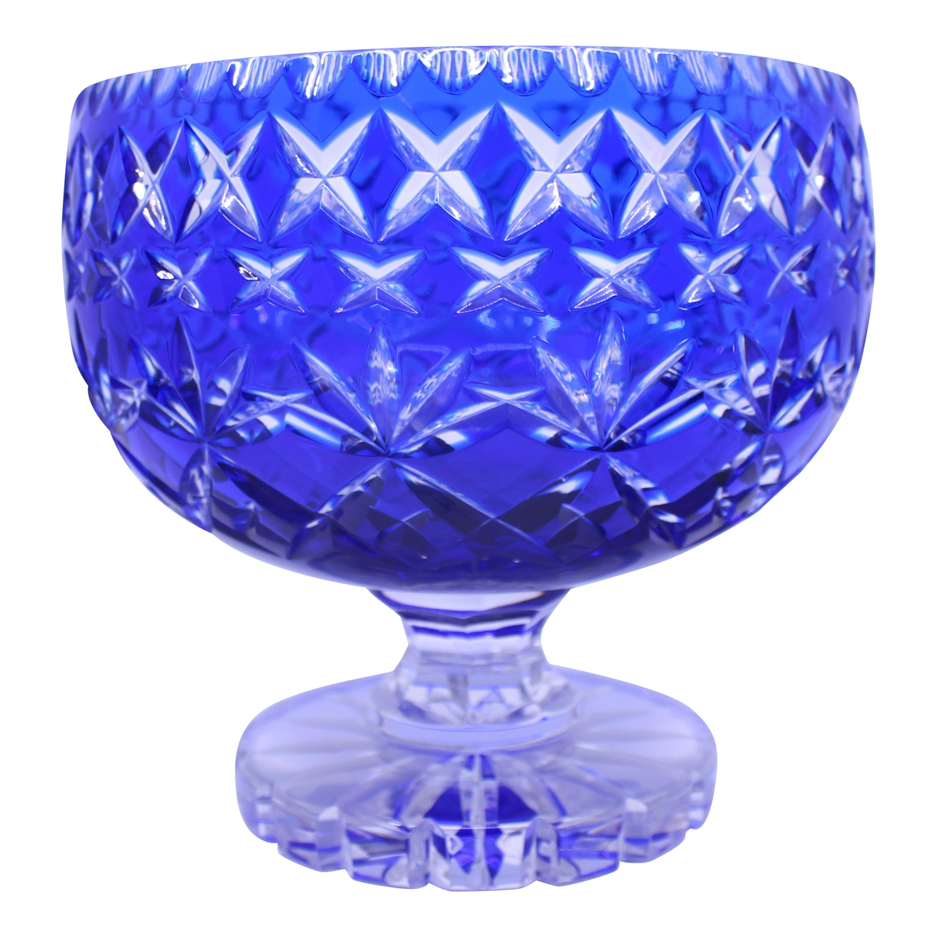 English Blue Overlay Crystal Footed Bowl, circa 1950 For Sale