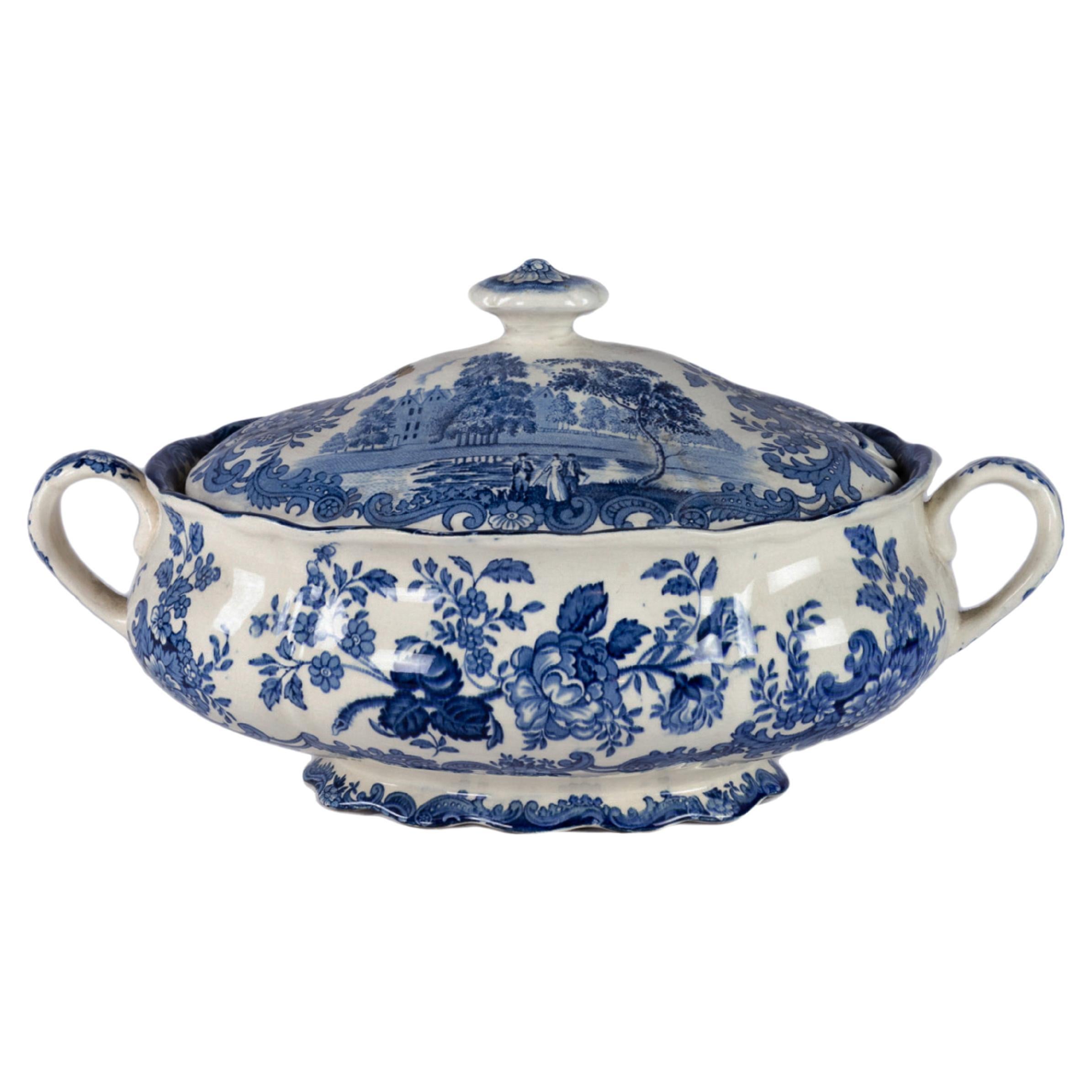 English Blue Tureen, Staffordshire Pottery, 20th Century For Sale