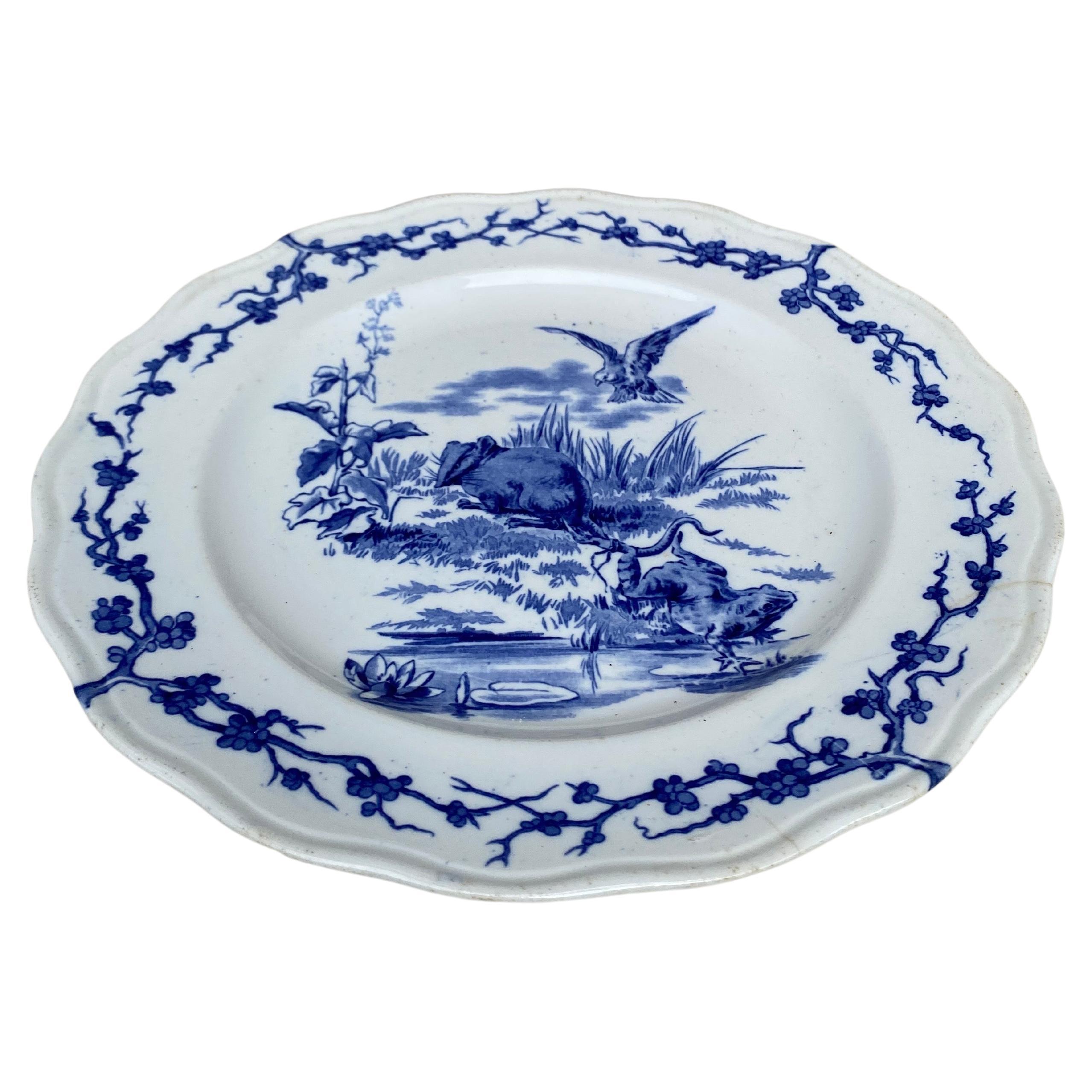 English blue & white plate eagle & frog brown Westhead and Moore, circa 1890.
Was sold in the Grand Depot 21 rue Drouot Paris.
Fontaine / Aesops Fables
English Losange mark.
