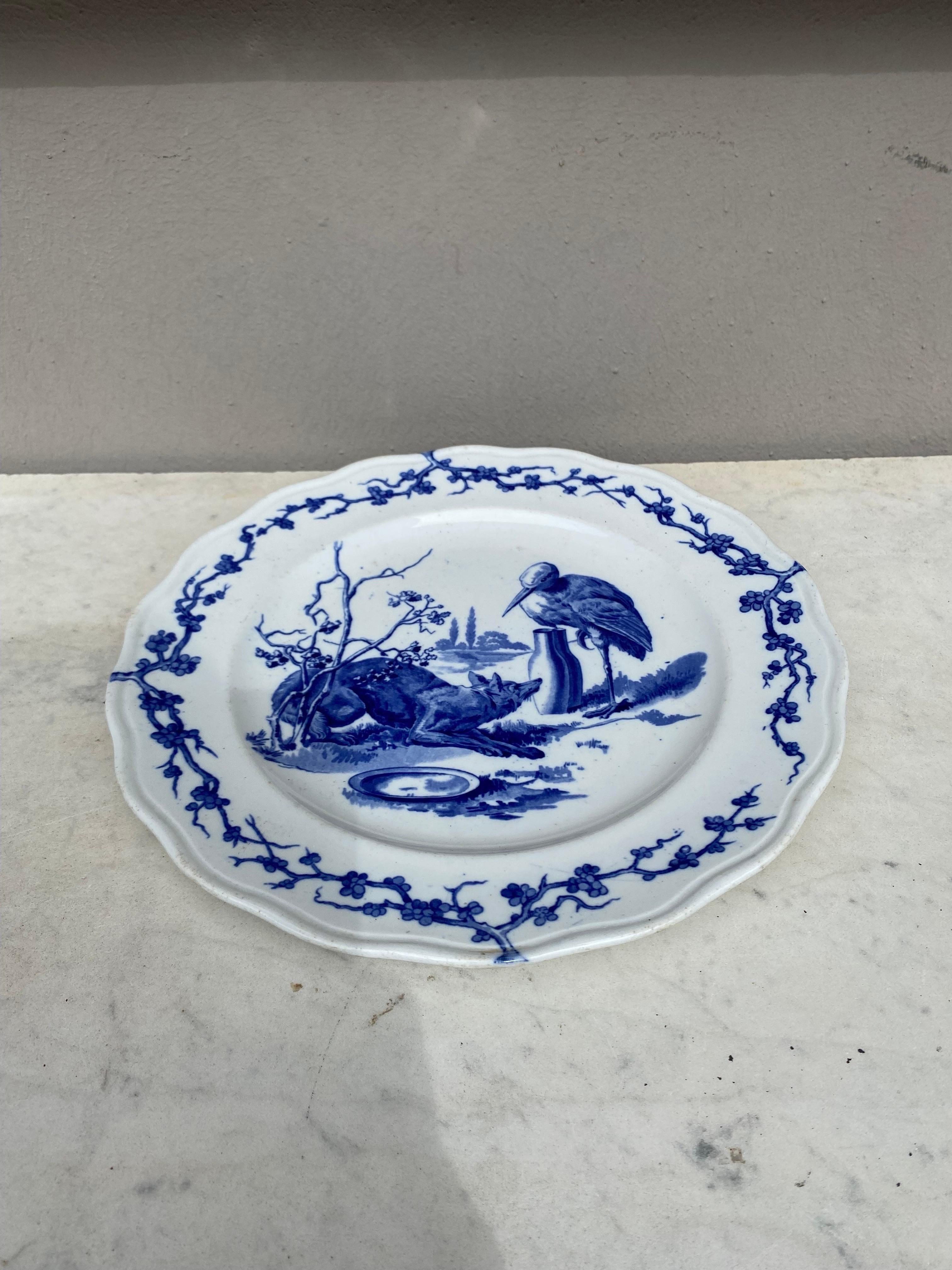 English Blue & White Plate Fox and Stork Brown Westhead and Moore, circa 1890 In Good Condition In Austin, TX