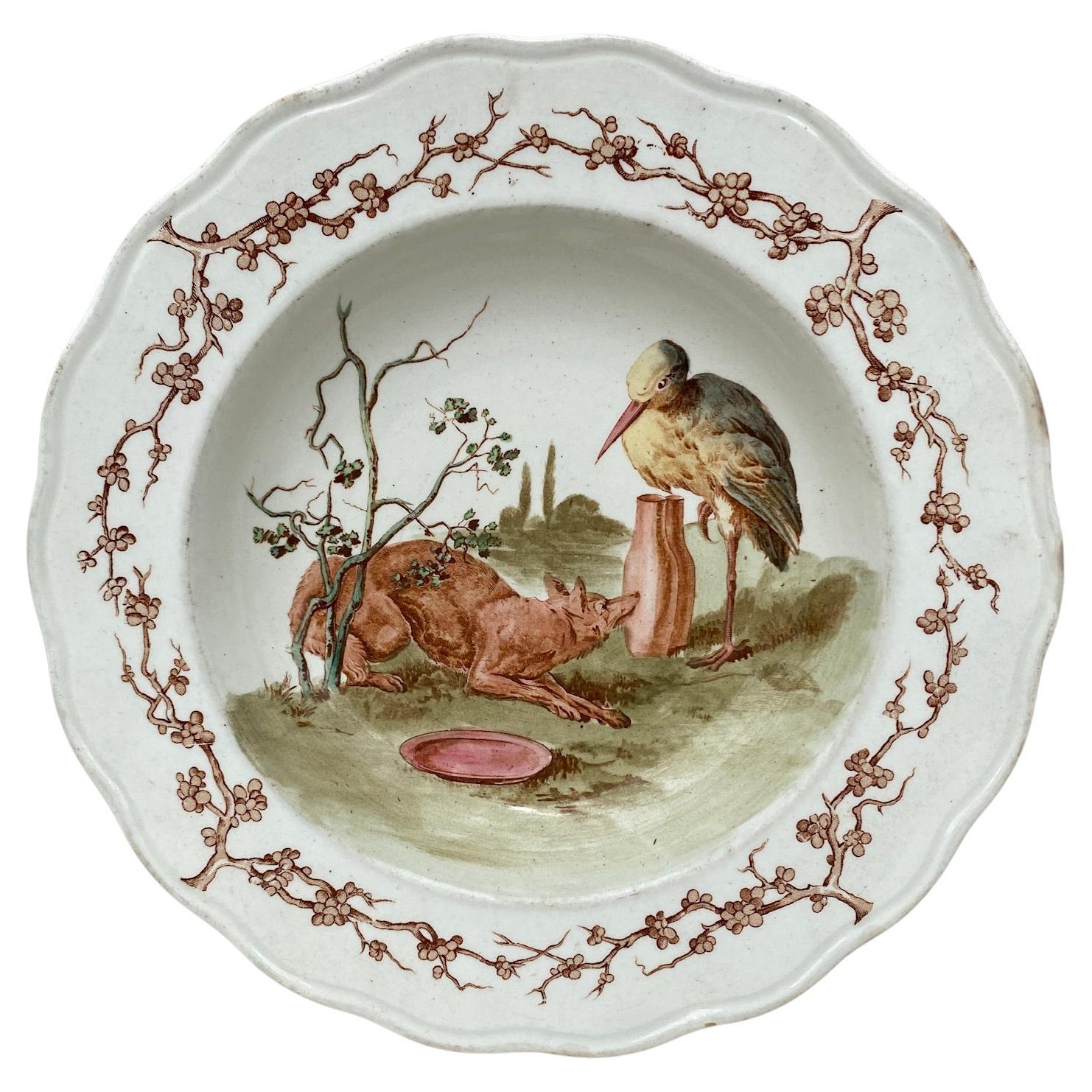 English Blue & White Plate Fox and Stork Brown Westhead and Moore, circa 1890