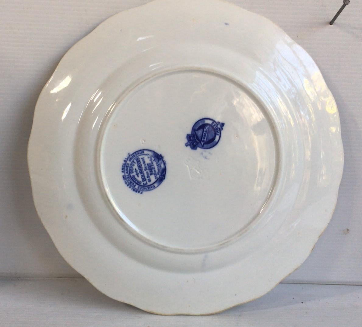 English blue and white plate heron brown Westhead and Moore, circa 1890.
Was sold in the Grand Depot 21 rue Drouot Paris.
Fontaine / Aesops Fables
English Losange mark.