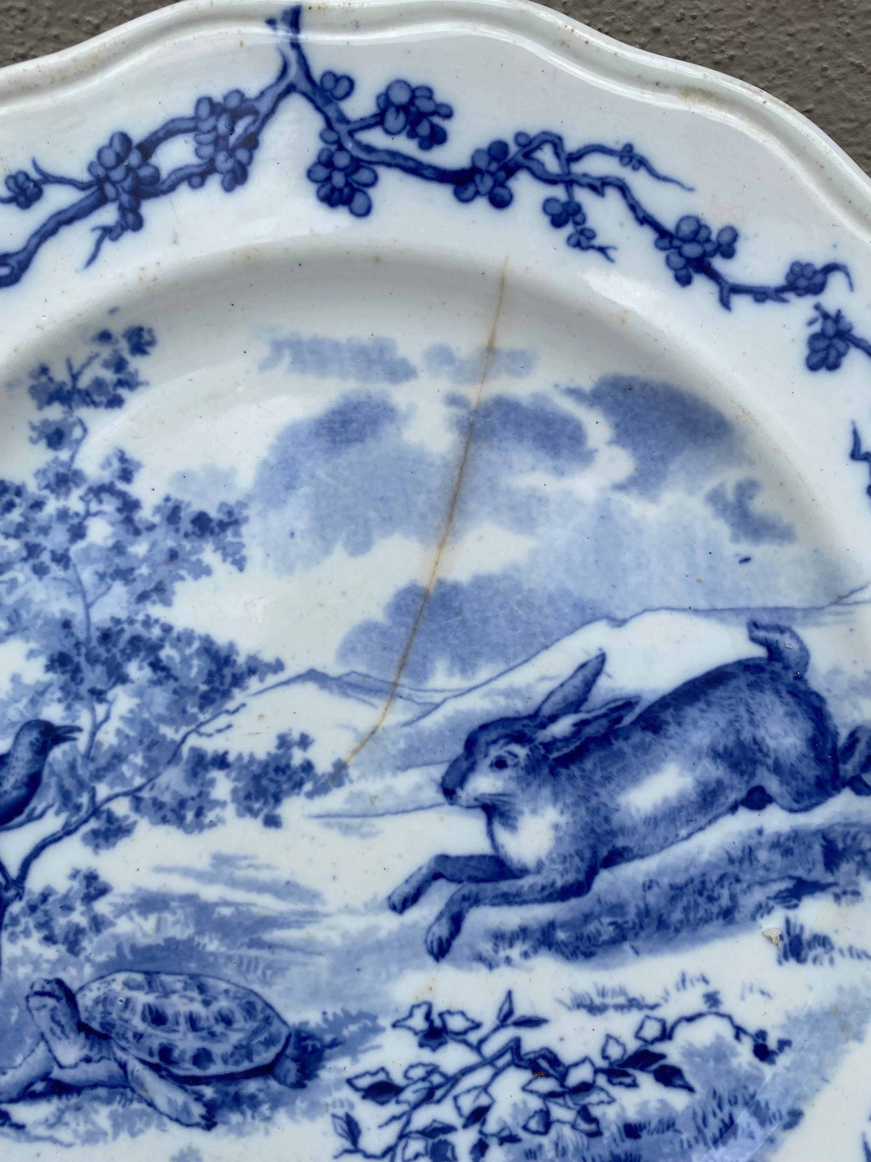 Country English Blue & White Plate Rabbit &Turtle Brown Westhead and Moore, circa 1890 For Sale