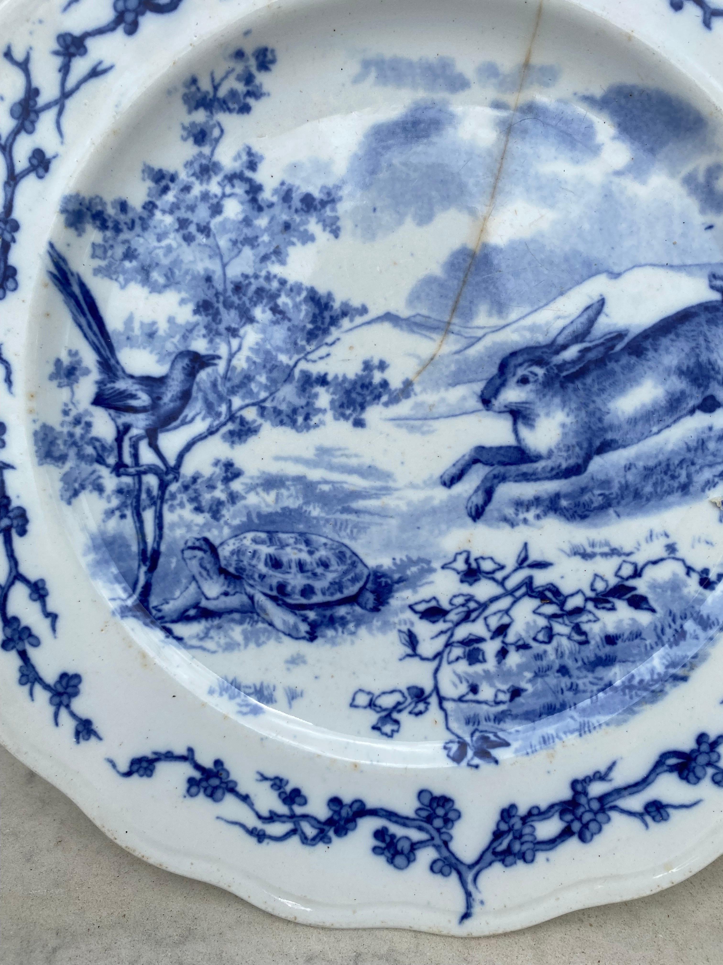 English Blue & White Plate Rabbit &Turtle Brown Westhead and Moore, circa 1890 In Fair Condition For Sale In Austin, TX