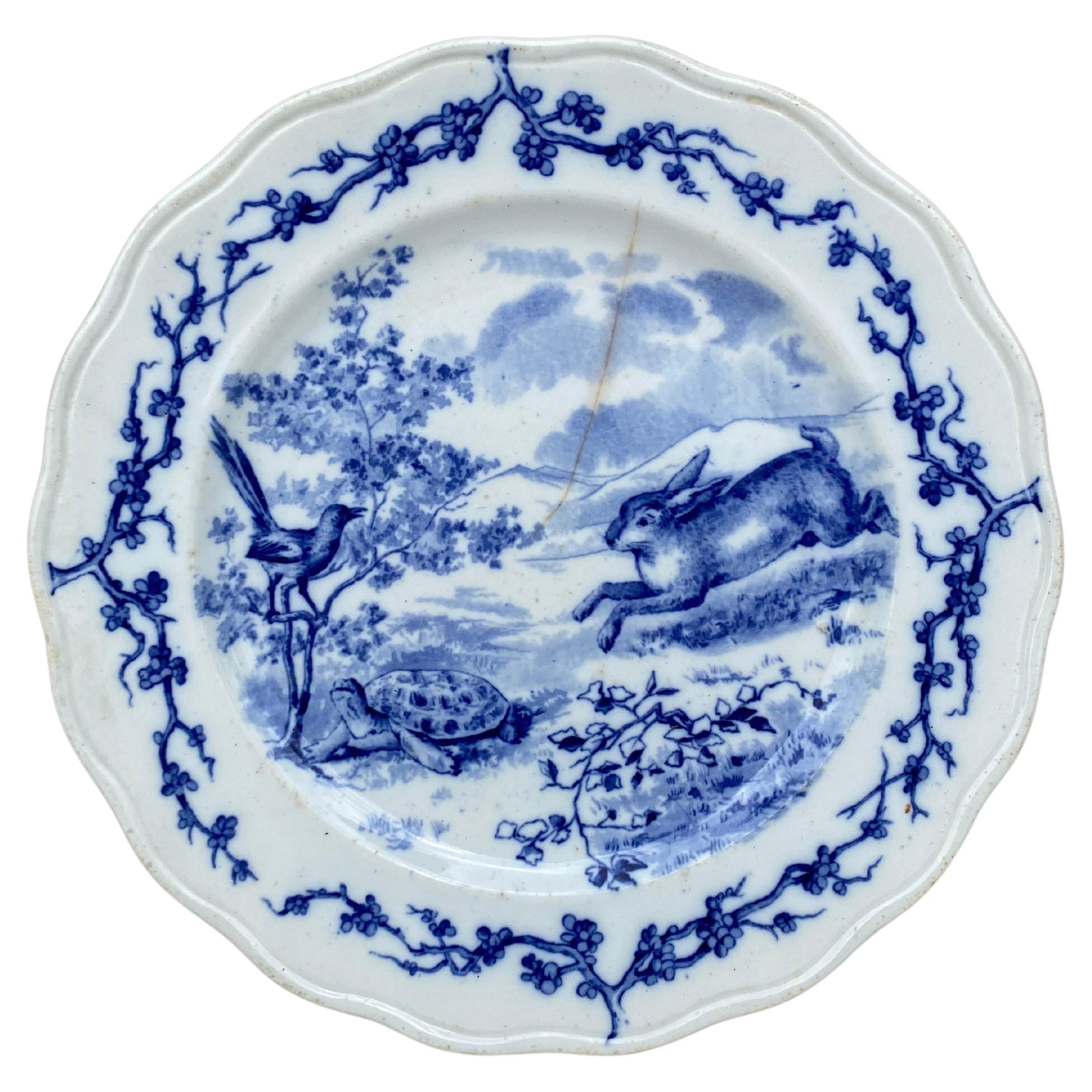 English Blue & White Plate Rabbit &Turtle Brown Westhead and Moore, circa 1890