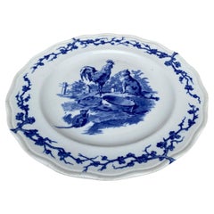 English Blue & White Plate Rooster & Cat Brown Westhead and Moore, circa 1890