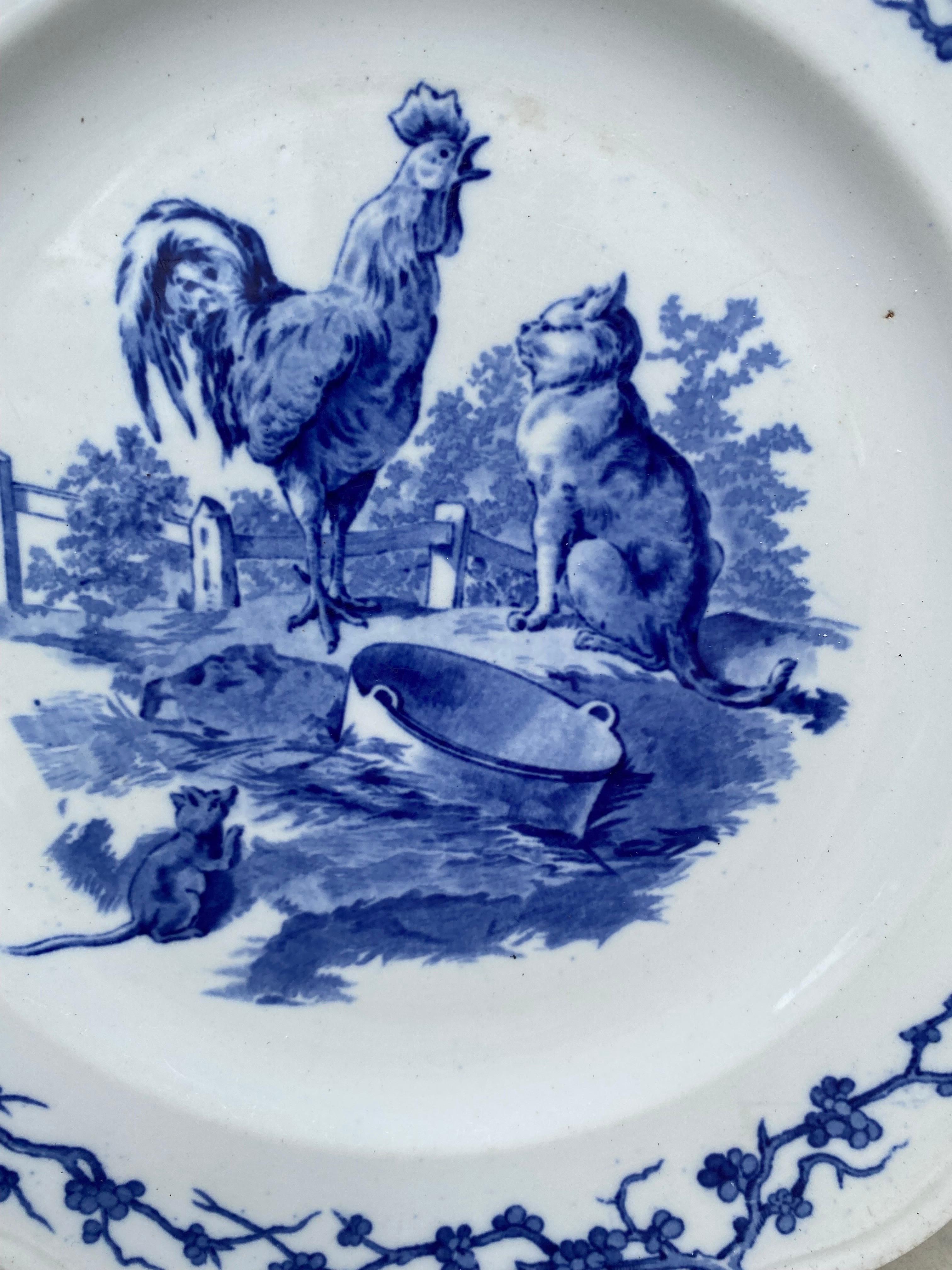 Country English Blue & White Plate Rooster & Cat Brown Westhead and Moore, circa 1890 For Sale