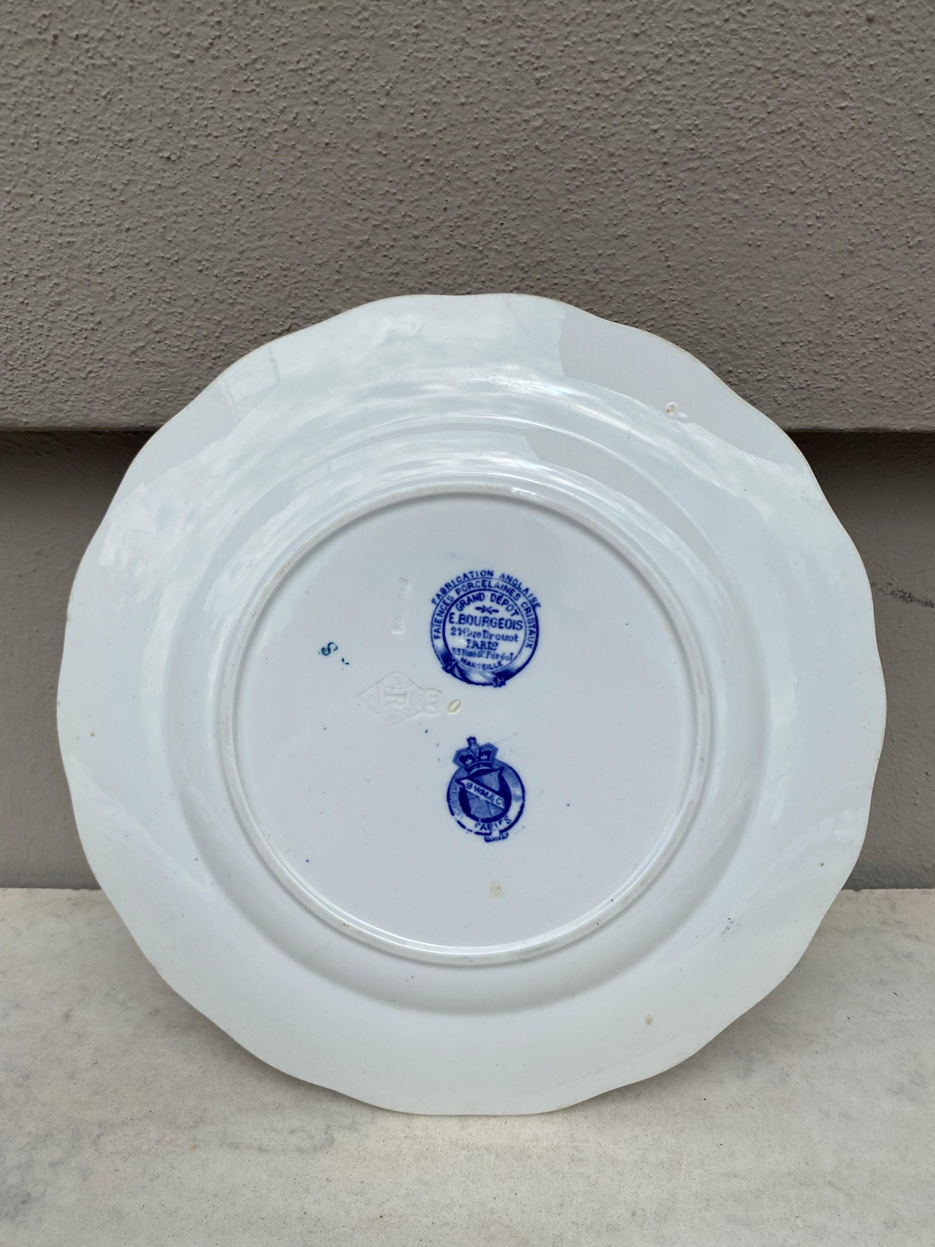 English Blue & White Plate Rooster & Cat Brown Westhead and Moore, circa 1890 In Good Condition For Sale In Austin, TX