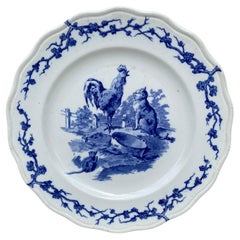 English Blue & White Plate Rooster & Cat Brown Westhead and Moore, circa 1890