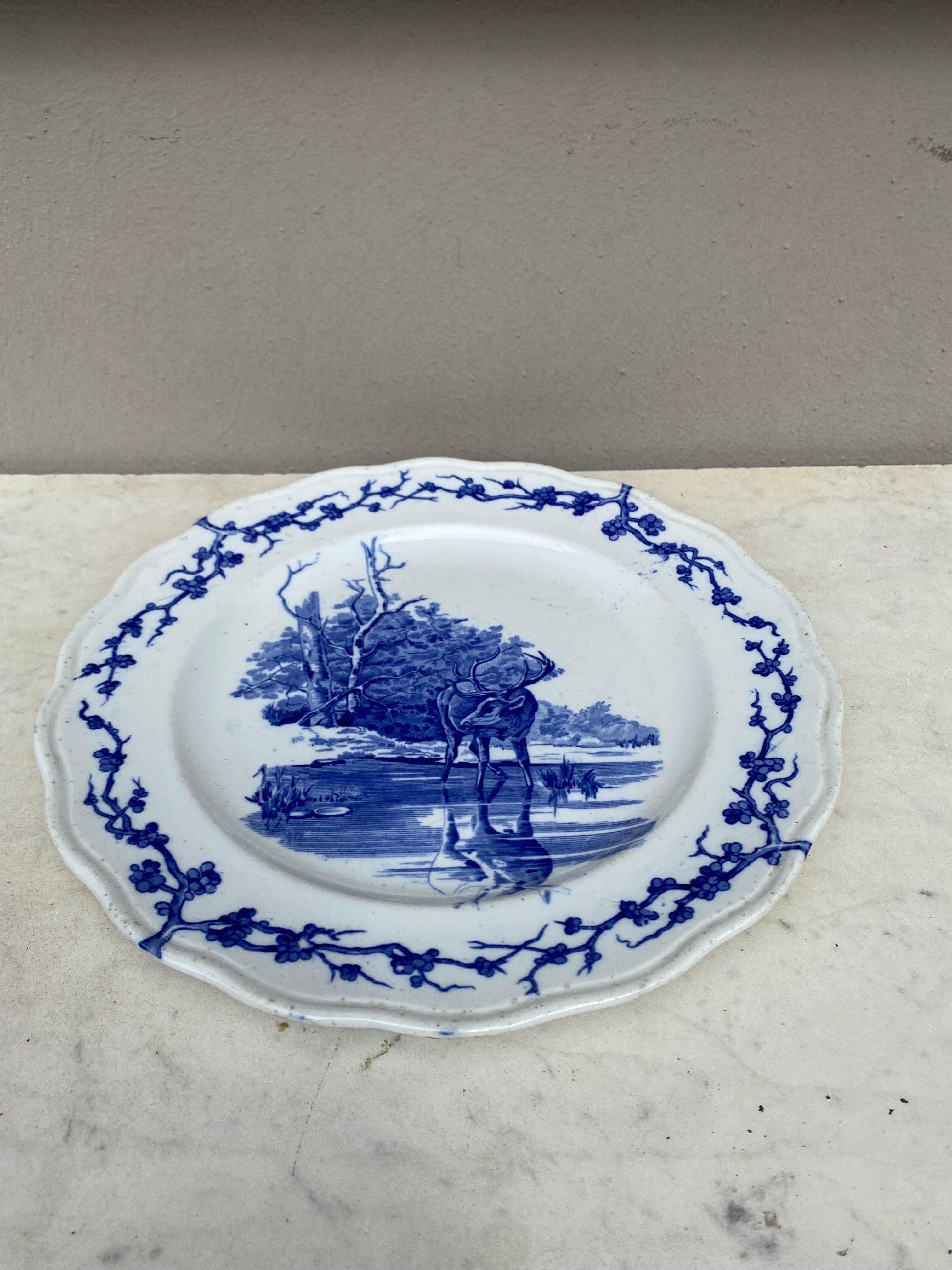 Country English Blue & White Plate Stag Brown Westhead and Moore, circa 1890
