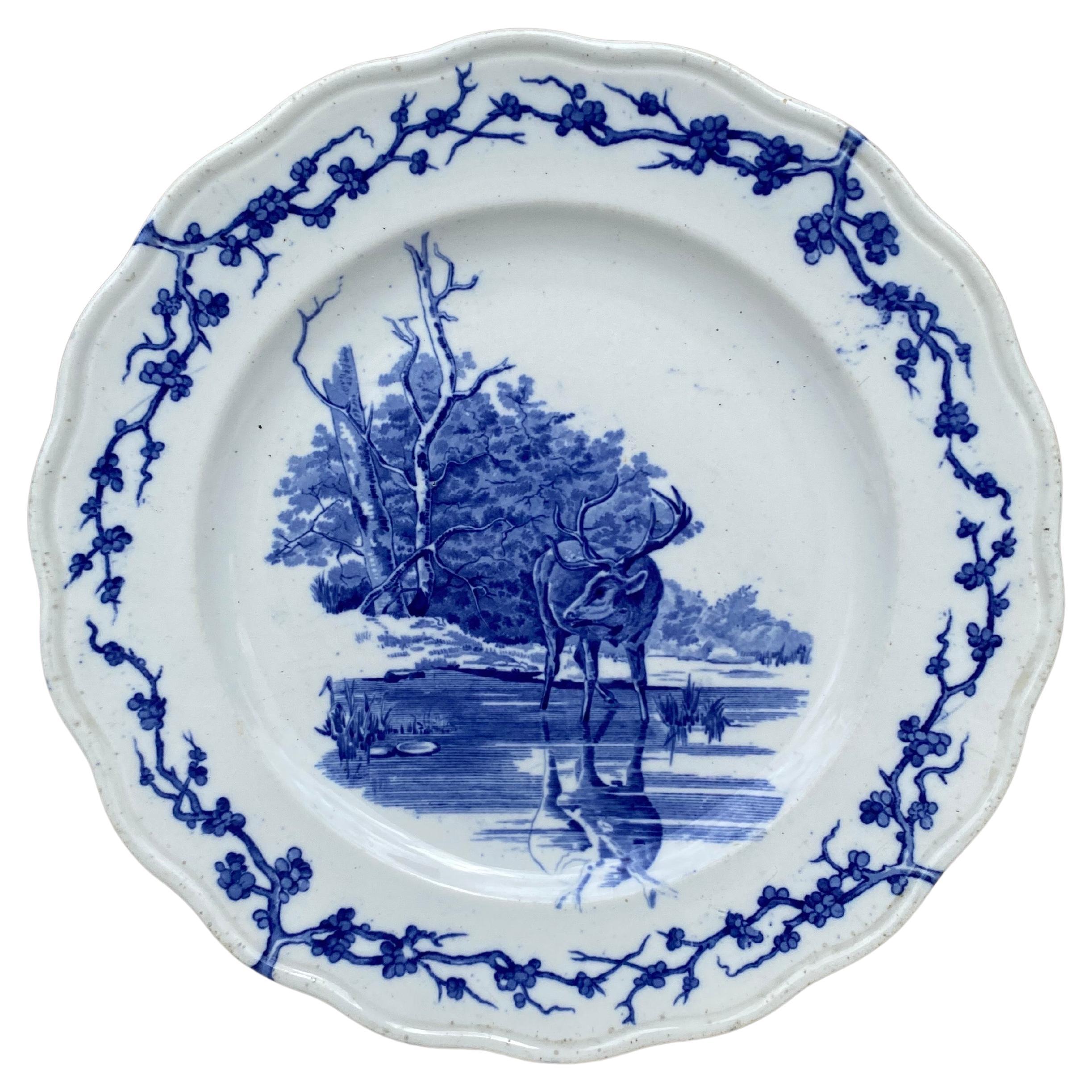 English Blue 
White Plate Stag Brown Westhead and Moore, circa 1890