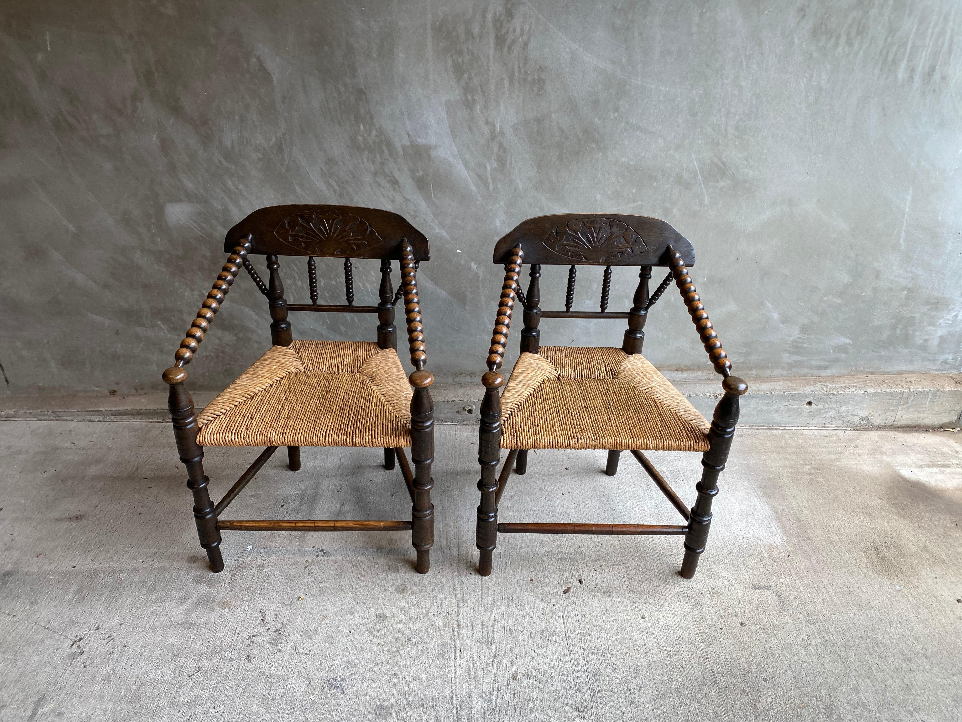 Ebonized English Bobbin Chairs in Oak and Rush, 19th Century