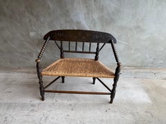 English Bobbin Settee in Oak and Rush, 19th Century