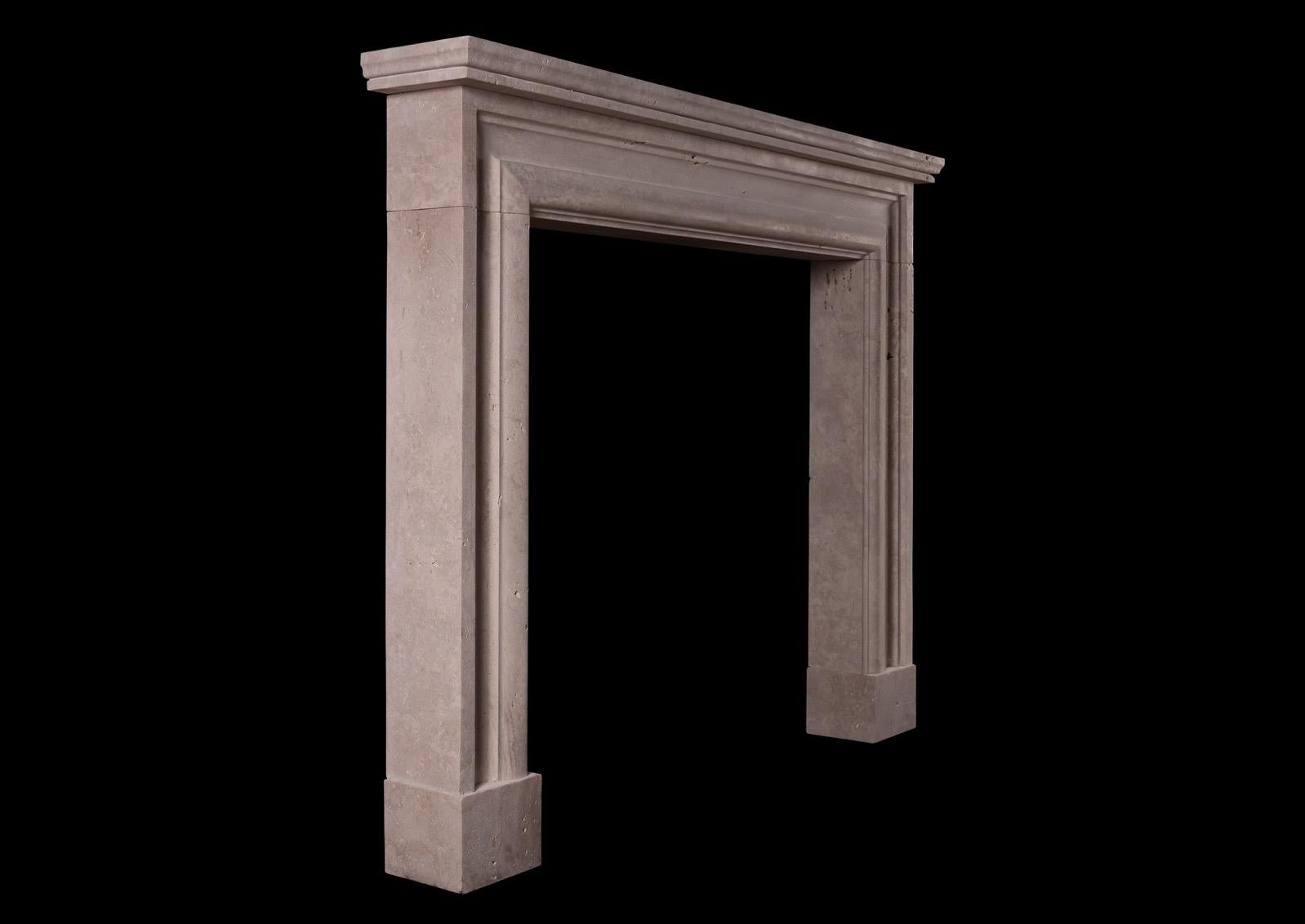 Queen Anne English Bolection Fireplace in Travertine Stone For Sale