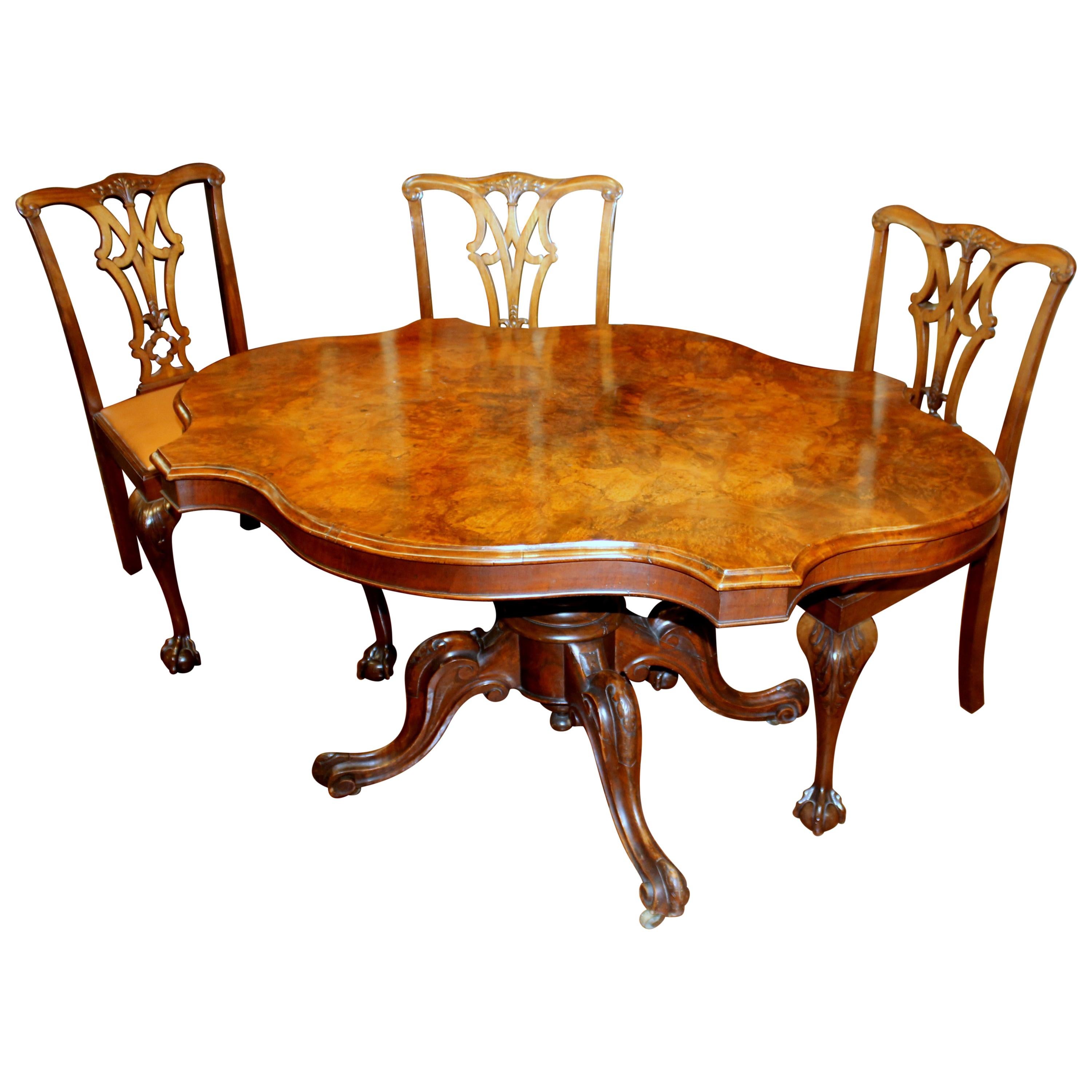 English Book-Matched Burr Walnut Rare Shaped Tilt-Top Loo or Bkfst Table