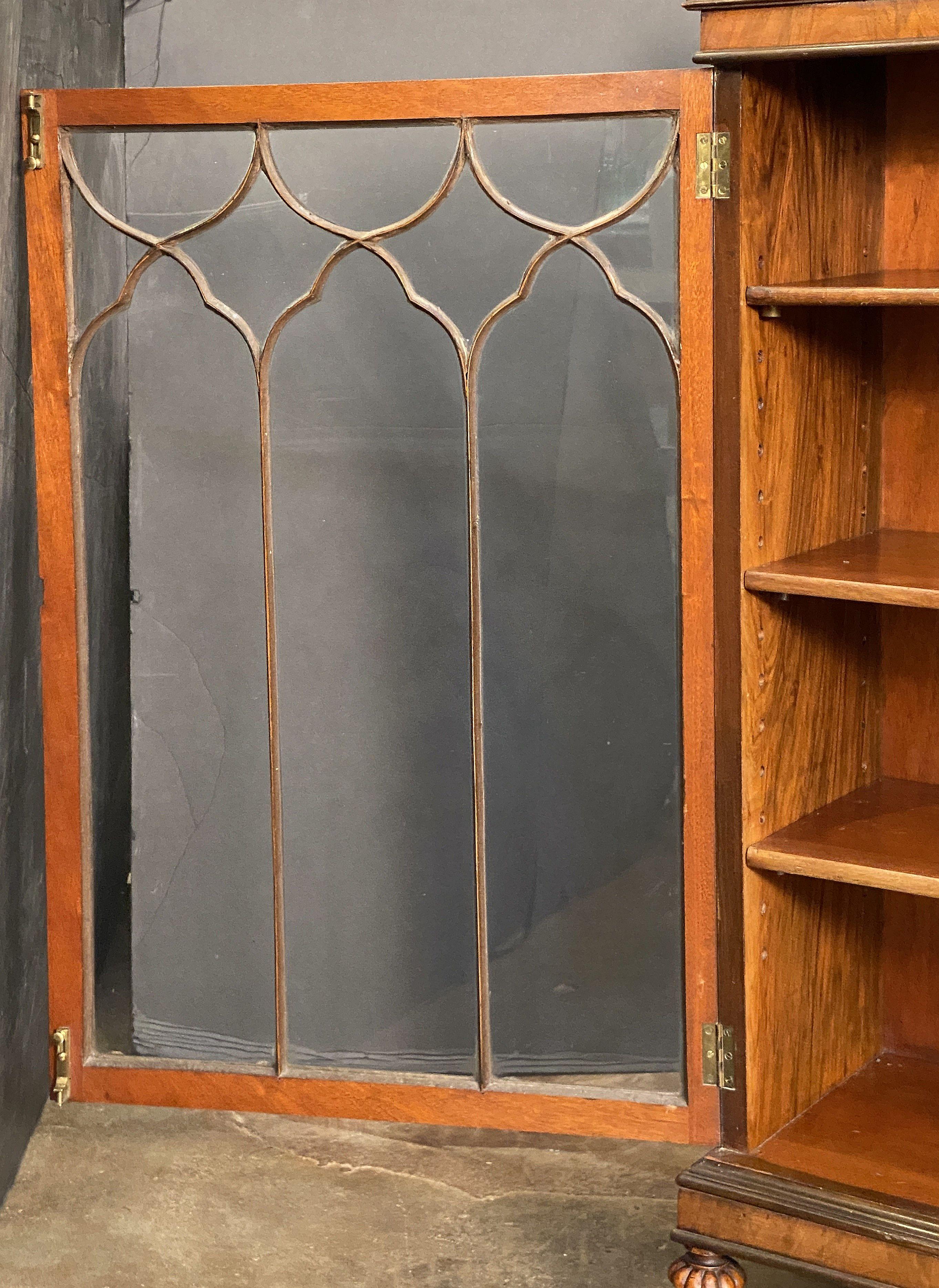 Englisches Bücherregal aus Wurzelnussholz mit glasierten Türen aus der Edwardianischen Periode 1