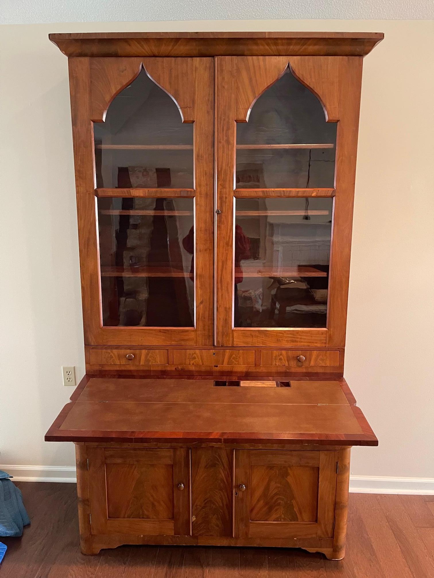 English Bookcase Secretary with Moroccan Style Glass Doors, 19th Century For Sale 8