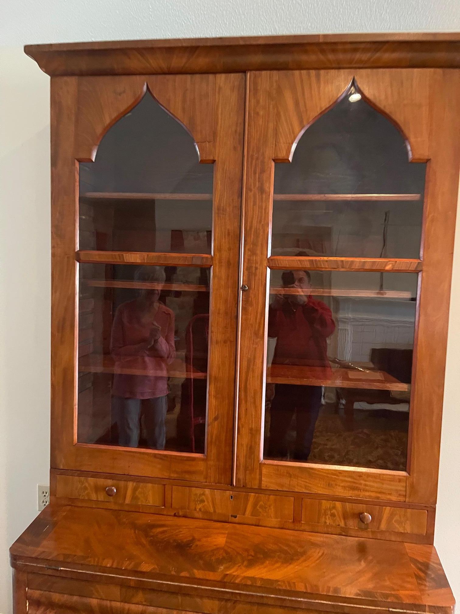 English Bookcase Secretary with Moroccan Style Glass Doors, 19th Century In Good Condition For Sale In Savannah, GA