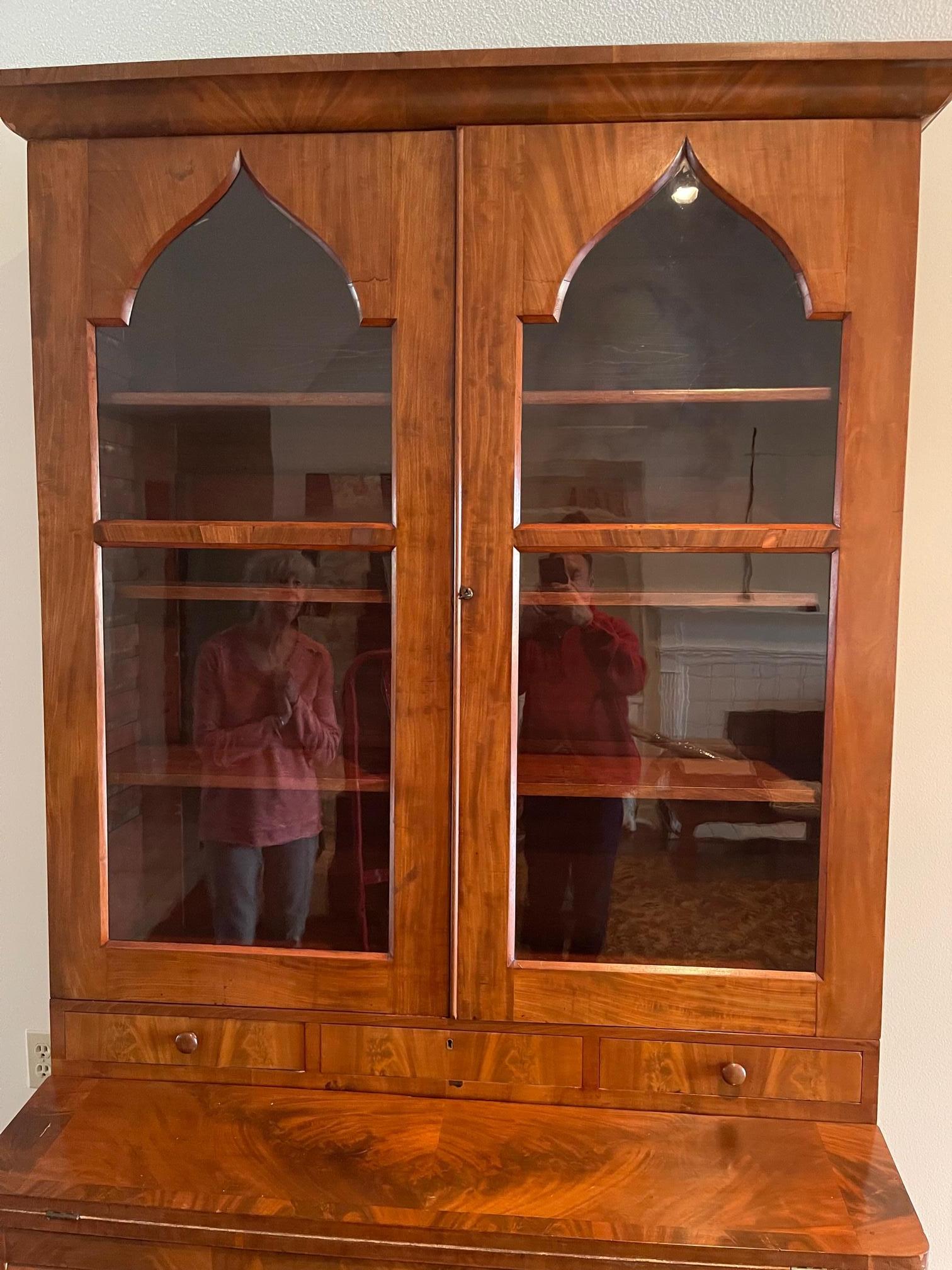 Wood English Bookcase Secretary with Moroccan Style Glass Doors, 19th Century For Sale