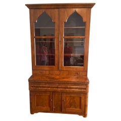 Antique English Bookcase Secretary with Moroccan Style Glass Doors, 19th Century