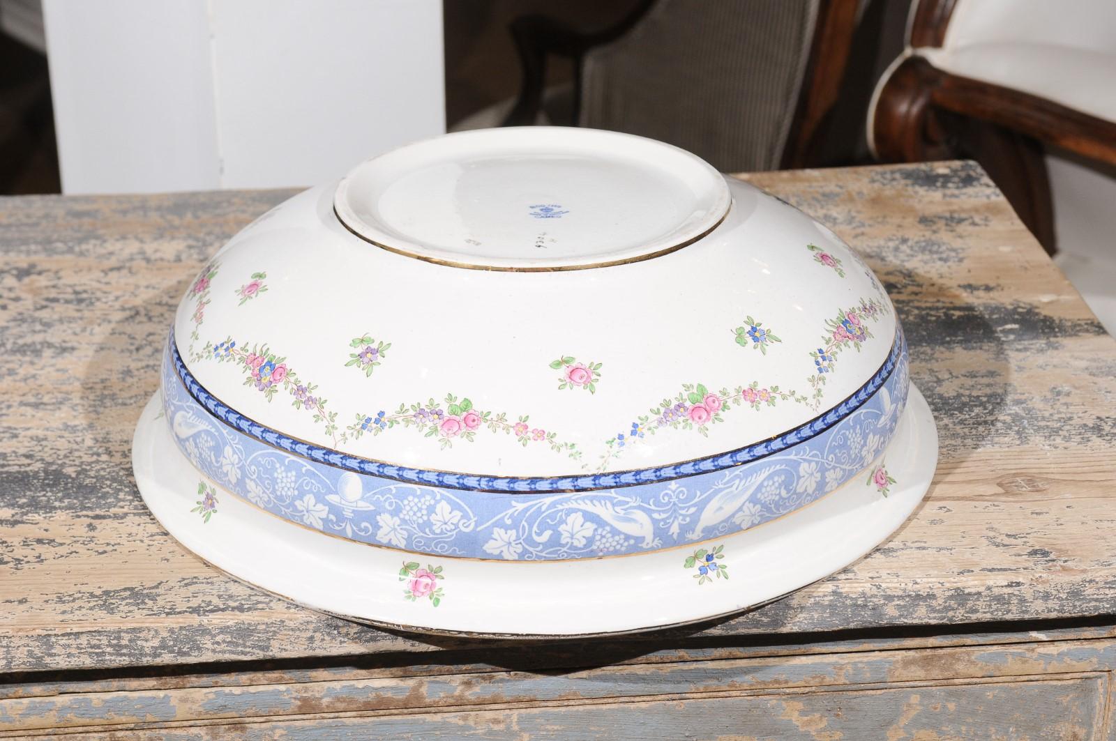 English Booth's China Cameo Pattern Bowl with Roses, Blue and White Pheasants 2
