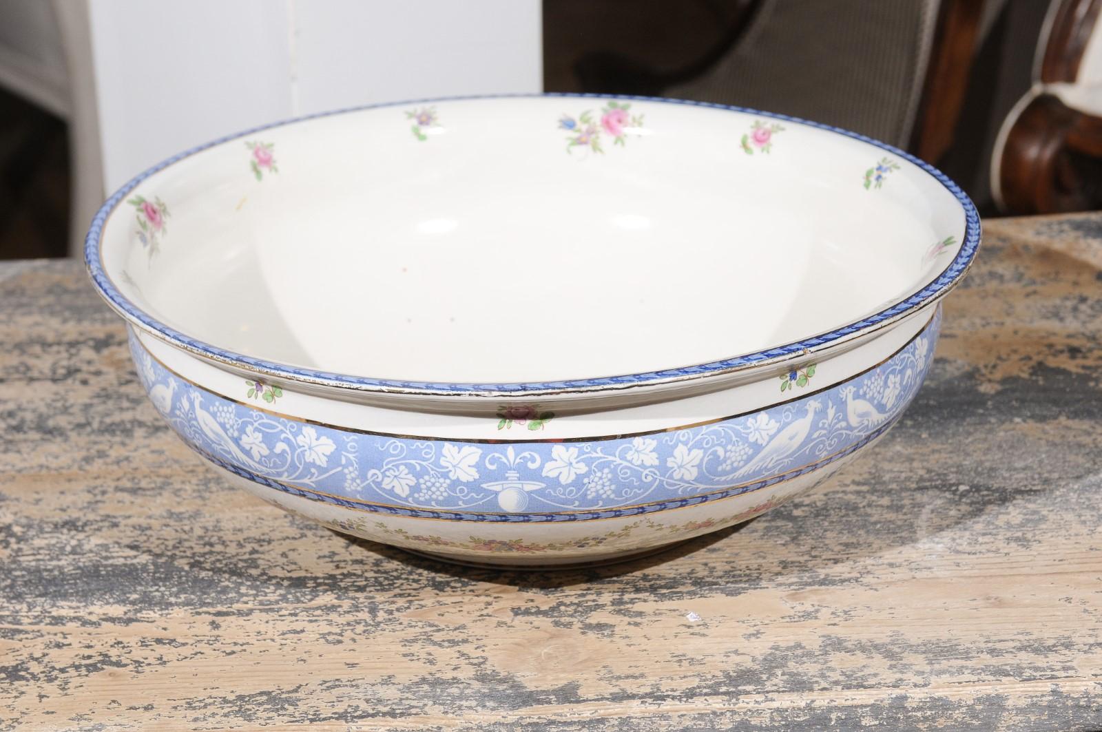 20th Century English Booth's China Cameo Pattern Bowl with Roses, Blue and White Pheasants