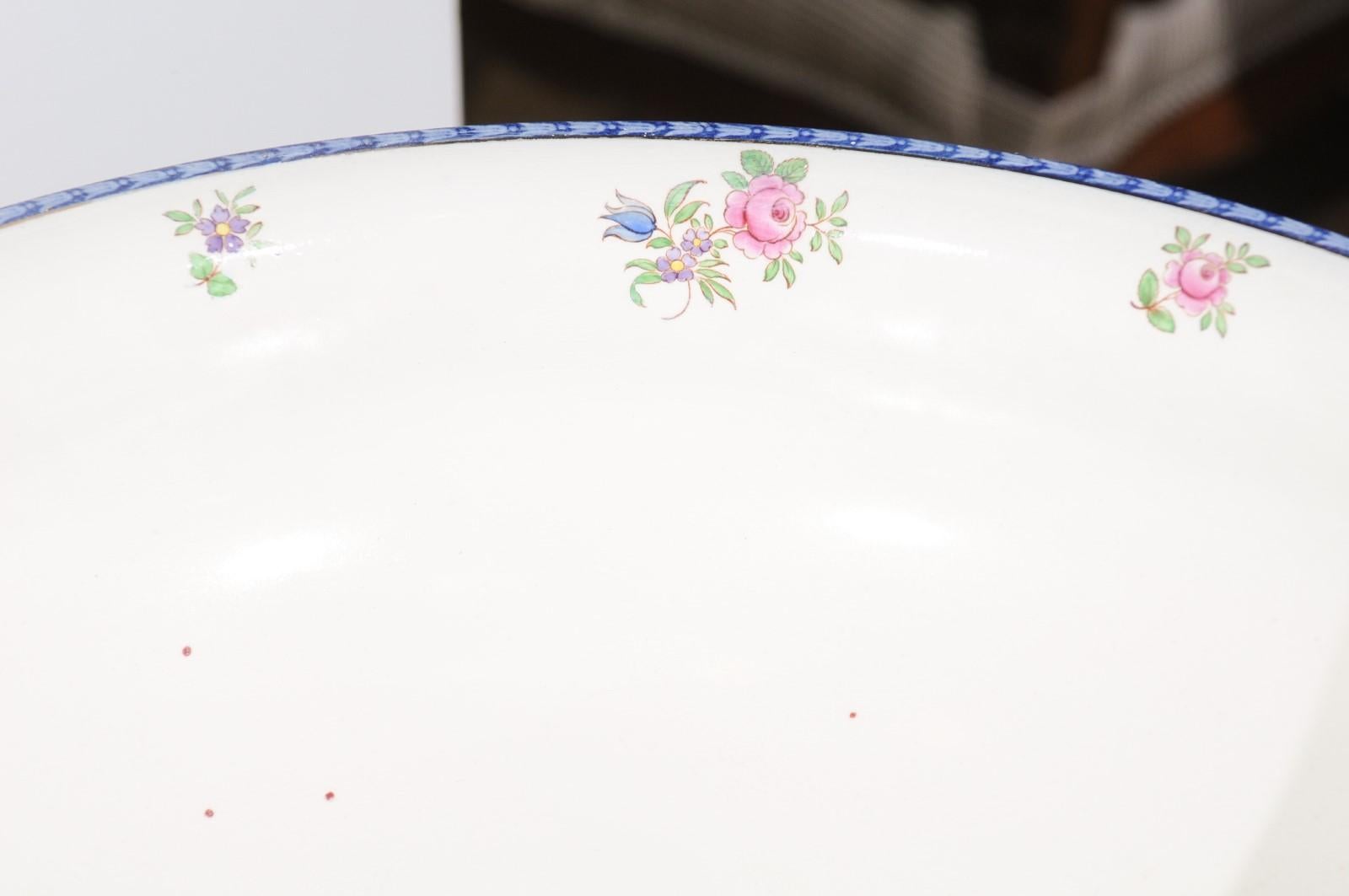 Ceramic English Booth's China Cameo Pattern Bowl with Roses, Blue and White Pheasants