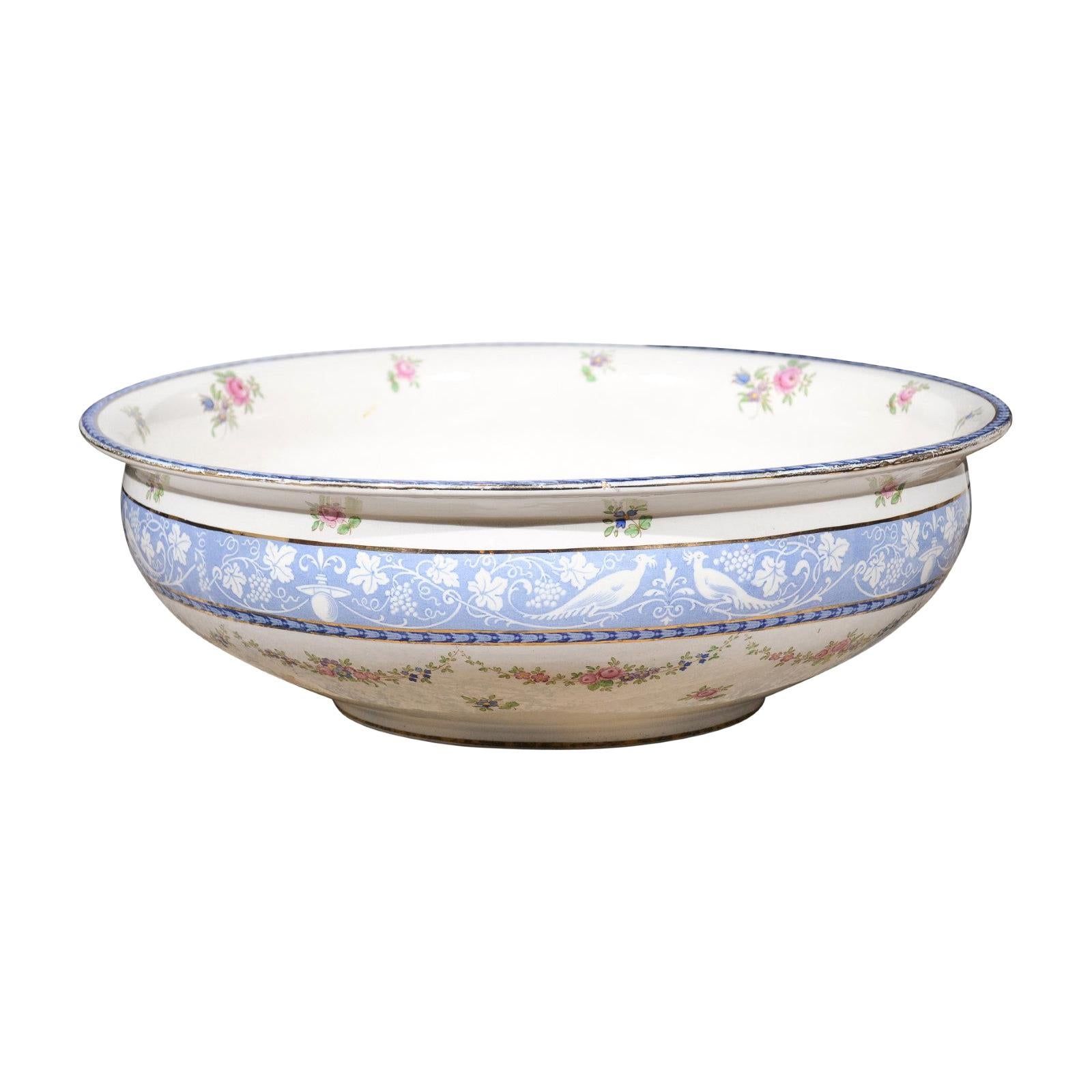 English Booth's China Cameo Pattern Bowl with Roses, Blue and White Pheasants