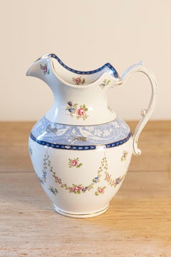English Booth's China Pitcher with Pink Roses and Blue and White Pheasants