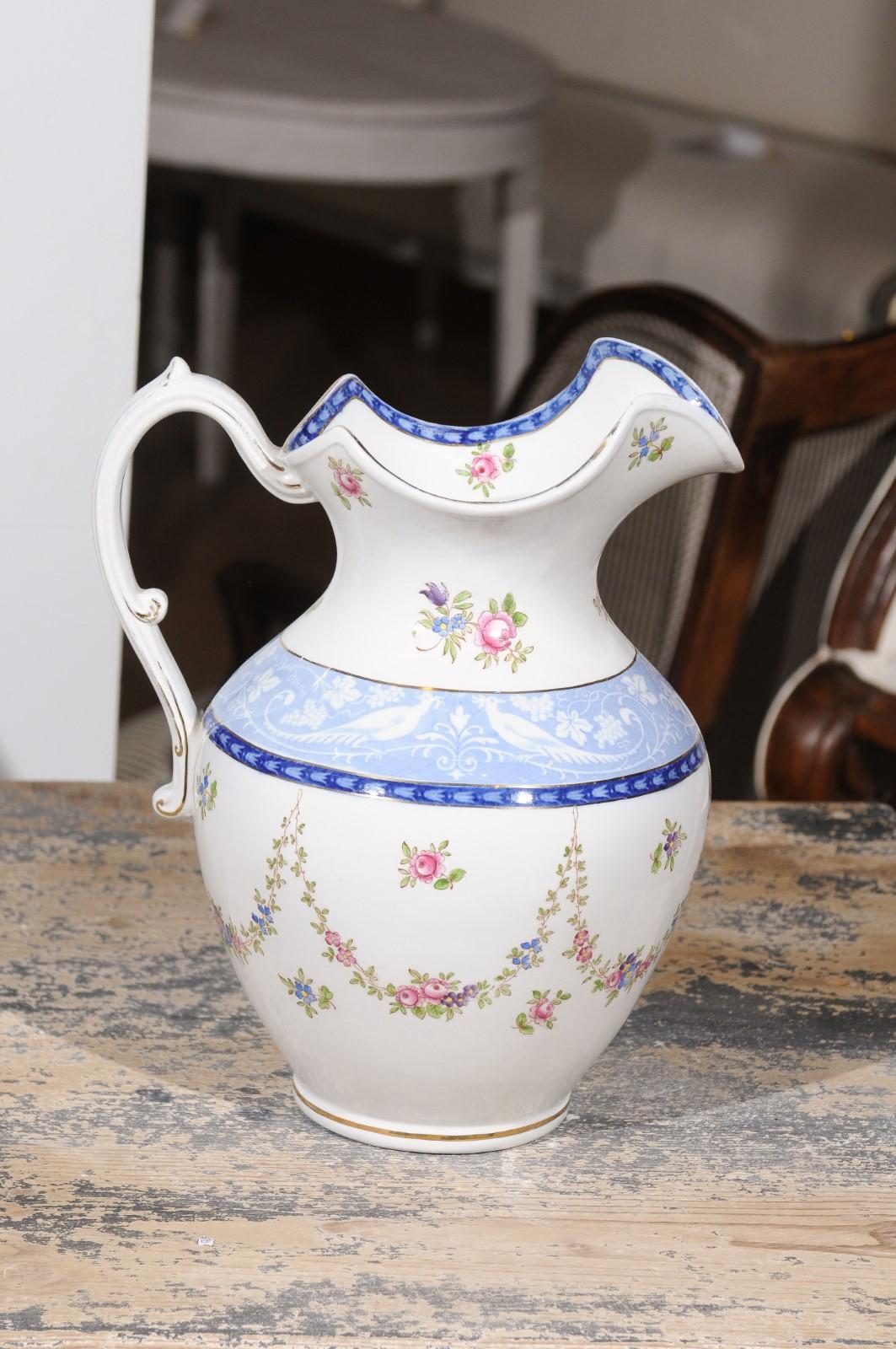 English Booth's China Pitcher with Pink Roses and Blue and White Pheasants In Good Condition For Sale In Atlanta, GA