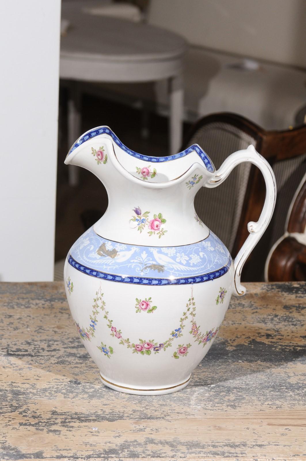 Ceramic English Booth's China Pitcher with Pink Roses and Blue and White Pheasants For Sale