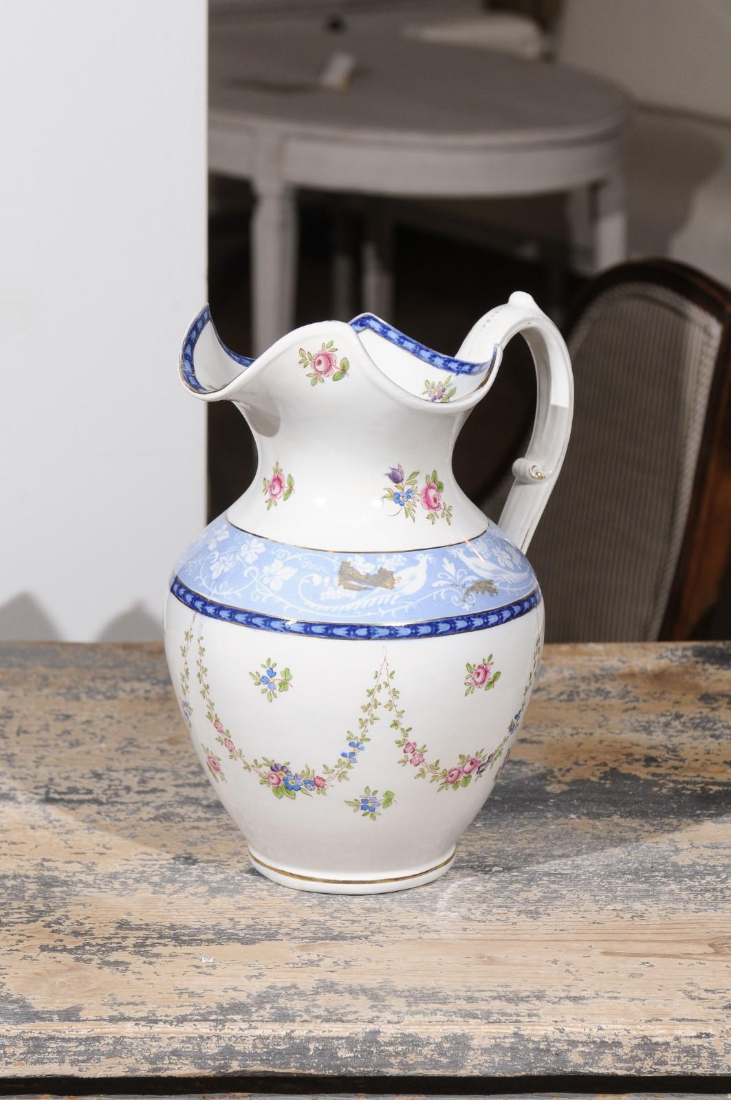 English Booth's China Pitcher with Pink Roses and Blue and White Pheasants For Sale 1